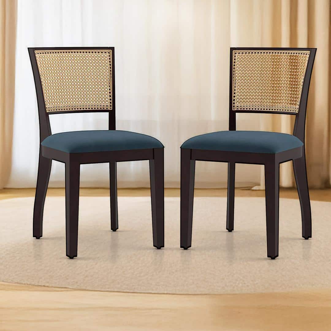 Argiro Solid Wood Dining Chair Set Of 2 In Mahogany Finish With Night Blue Velvet Fabric Colour
