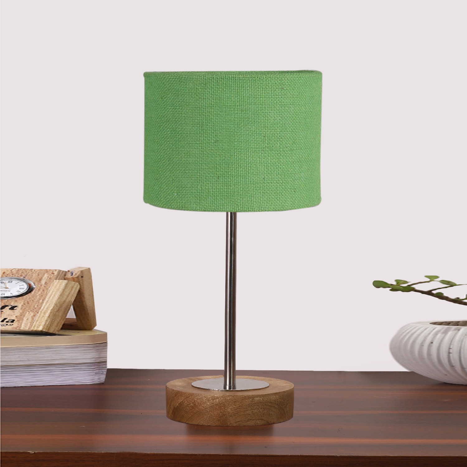 Devansh Green Jute  Table Lamp With  Natural  Wood Base  & Steel Pipe (7X17 Inches)-17 - Devansh