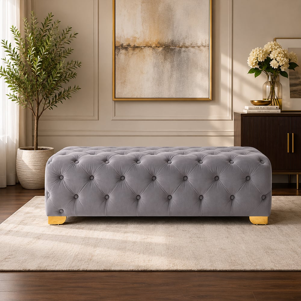 Doe Buck Velvet Tufted Bench in Grey Colour with Gold Base - Doe Buck