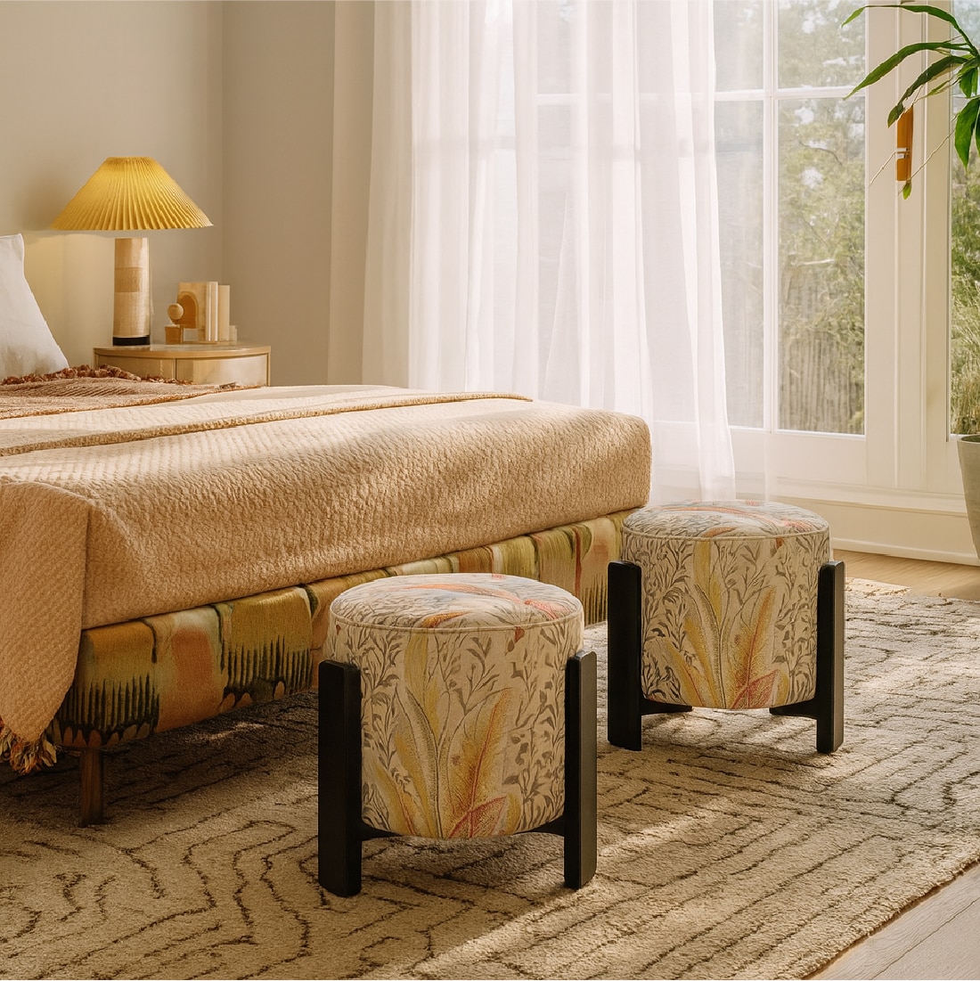 Tondo Solid Wood Pouf in Beige Colour - Orange Tree