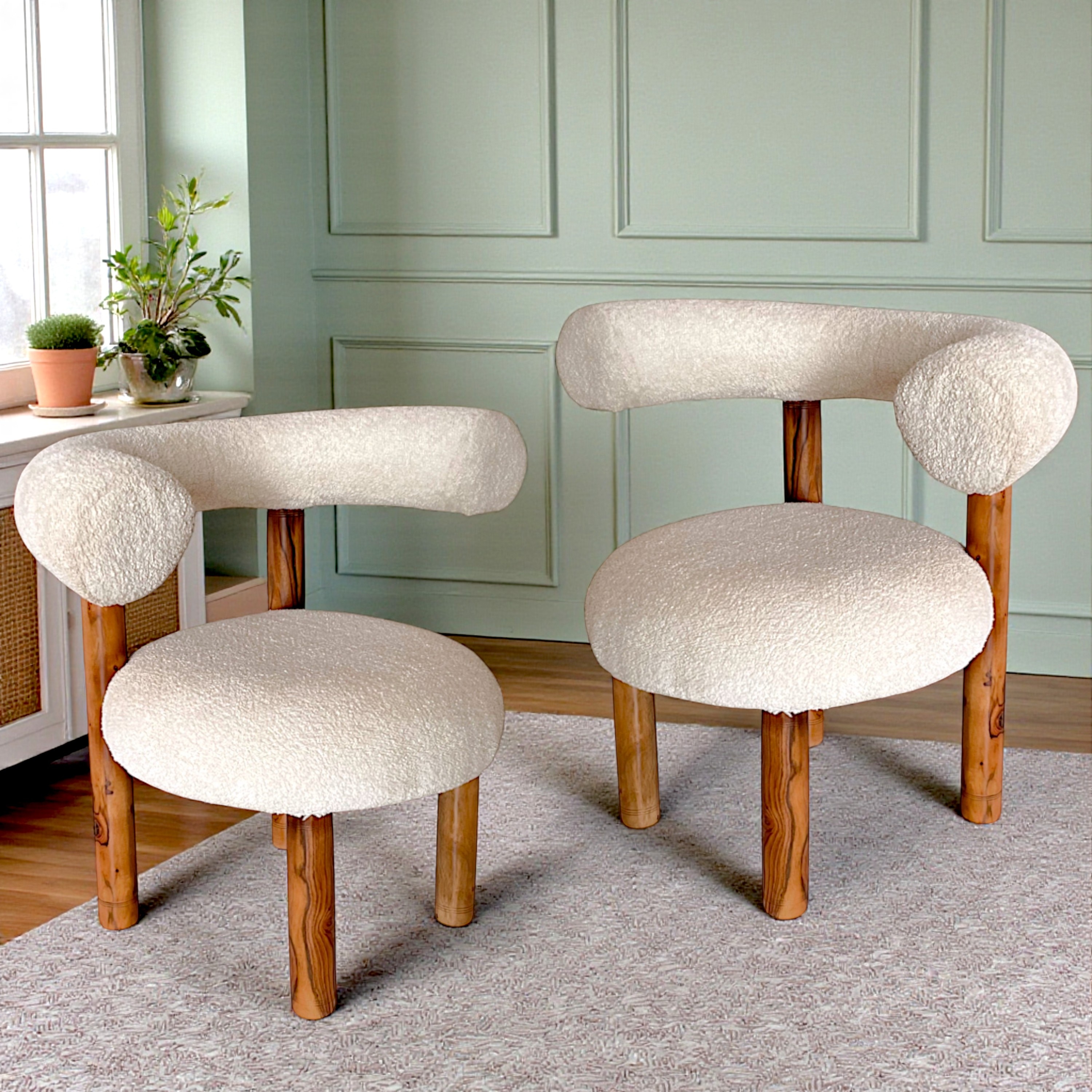 Westfield Sheesham Wood Mid Century Set of 2 Lounge Chair in Off White Soft Boucle Fabric Upholstery