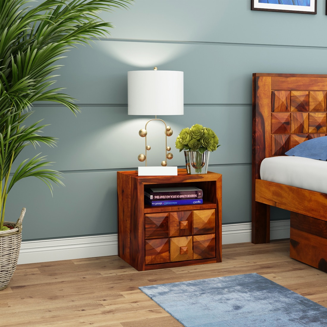 Diamond Solid Wood Bedside Table in Honey Finish - Woodenmood