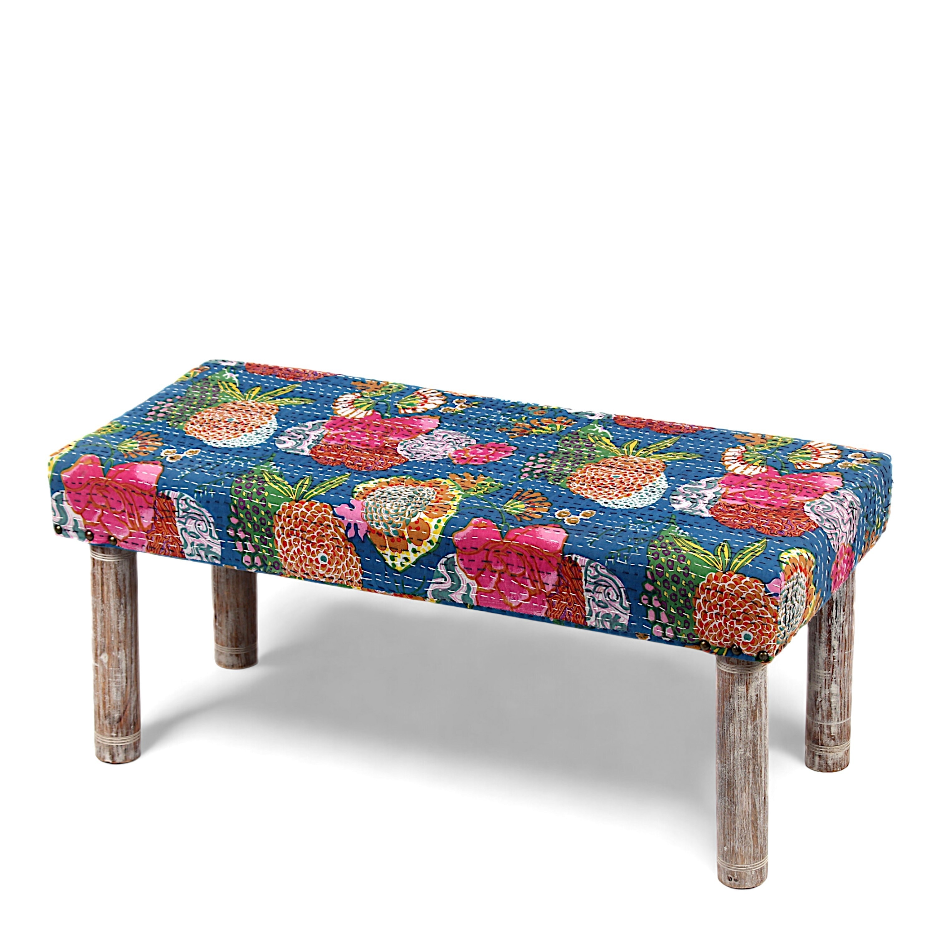 Camilla Solid Wood 2 Seater Bench In Fruit Print Blue Ethnic Kantha Fabric