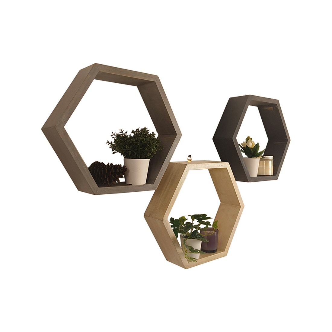 Oliver Iii Hexagonal Shaped Set Of 3 Wooden Wall Shelves