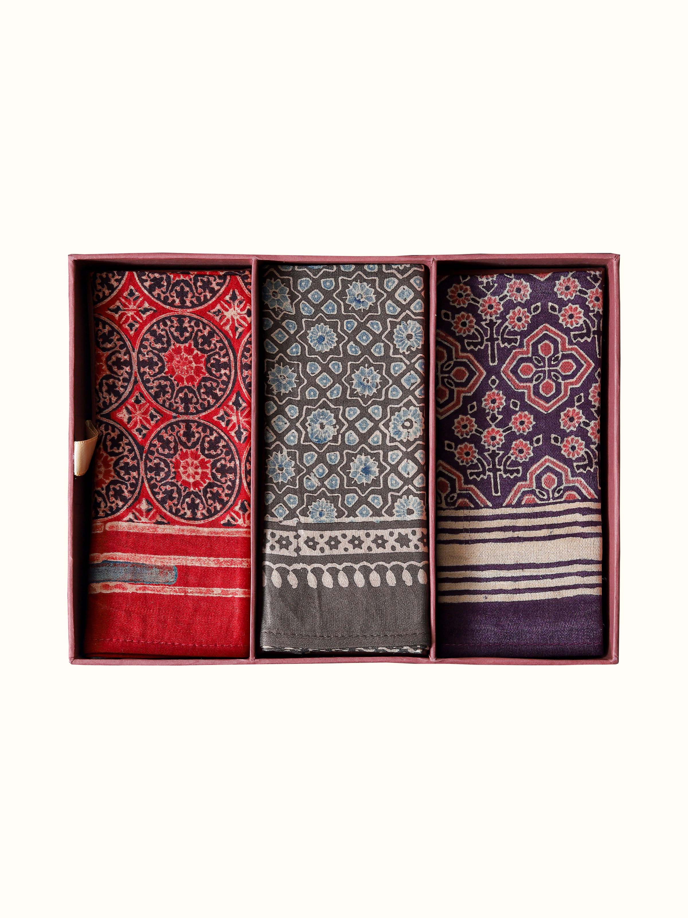 Assorted Silk Ajrakh Block Printed Pocket Squares Gift Set (3Pcs)