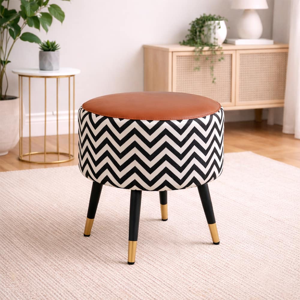 Doe Buck Zik Zak Chevron Printed Ottoman Stool in Brown and Black Colour with Gold Tipped Legs - Doe Buck