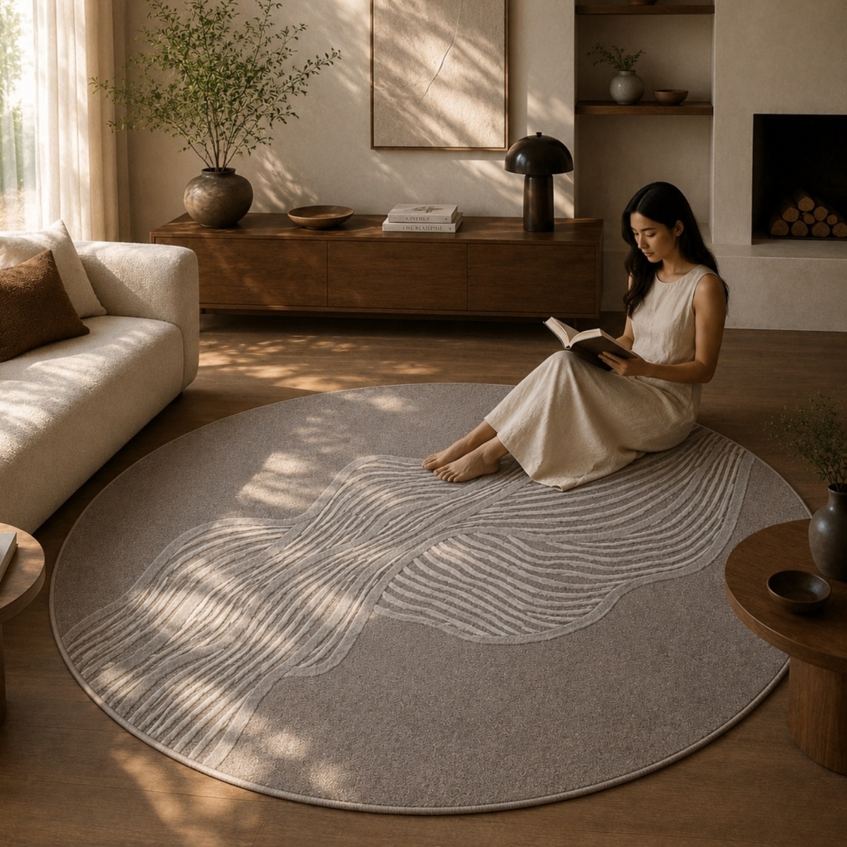 Handmade Round Wool Silk Rug Abstract Contour Taupe 6 Feet Carpet - NEU LOOMS