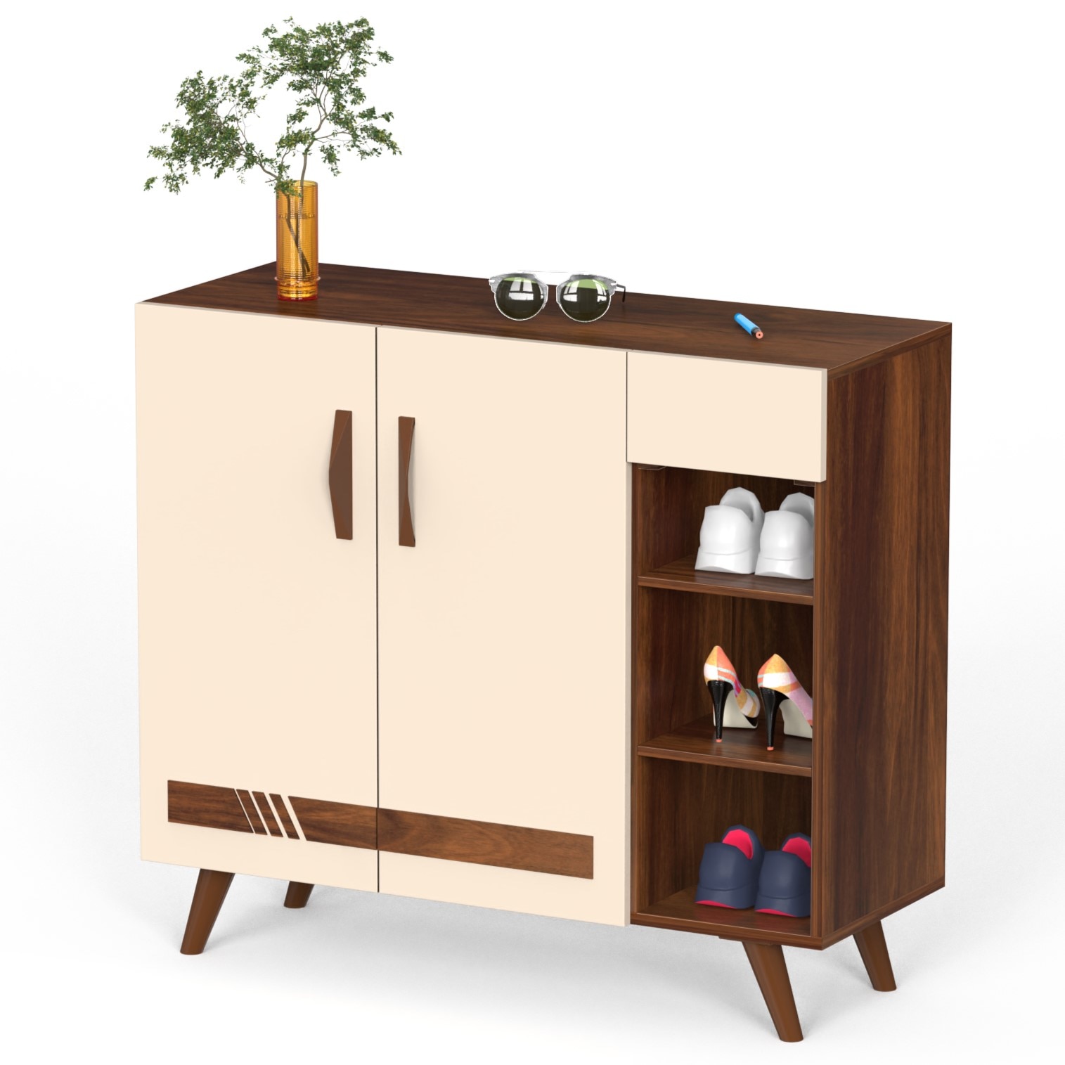 Oleye Engineered Wood Dual Tone 3 Doors Shoe Rack Cabinet Slipper Footwear Stand Organizer with Drawer can Store Up to 16 Pairs for Home (Brown Maple & Beige)