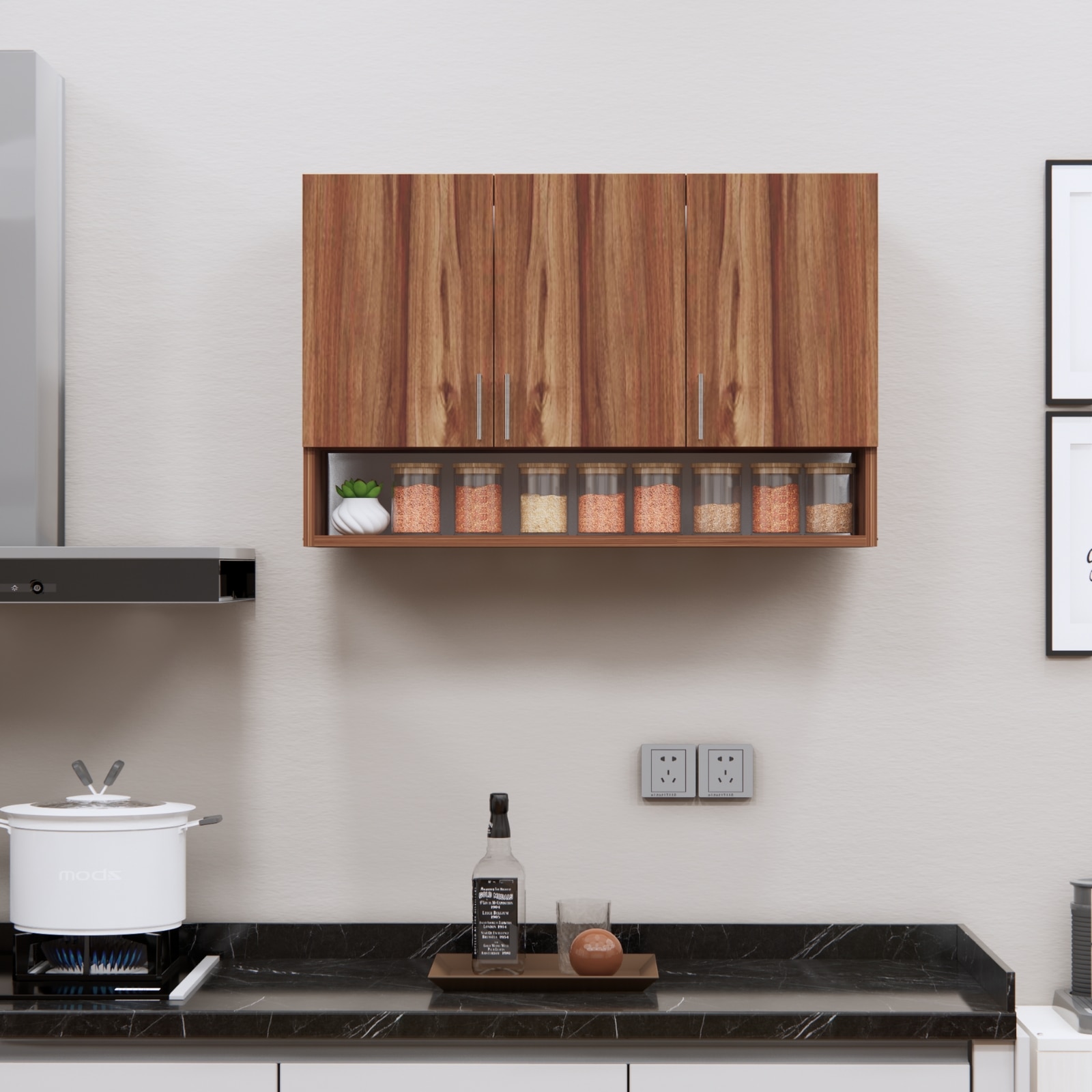 3 Doors Modular Wall Mounted Kitchen Cabinet With Organizer Shelf In Aisan Walnut Finish