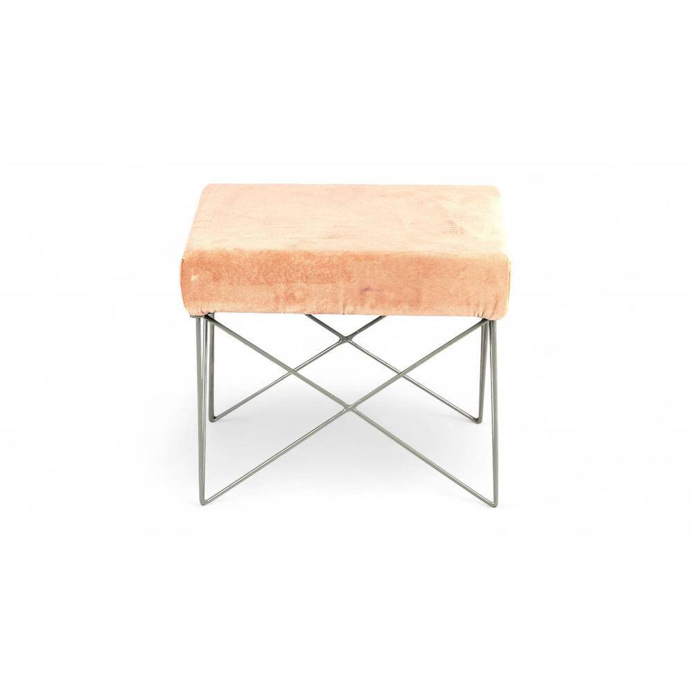 Asansol Sheesham Wood Accent Square Stool     in Melon Pink Cotton Velvet Upholstery
