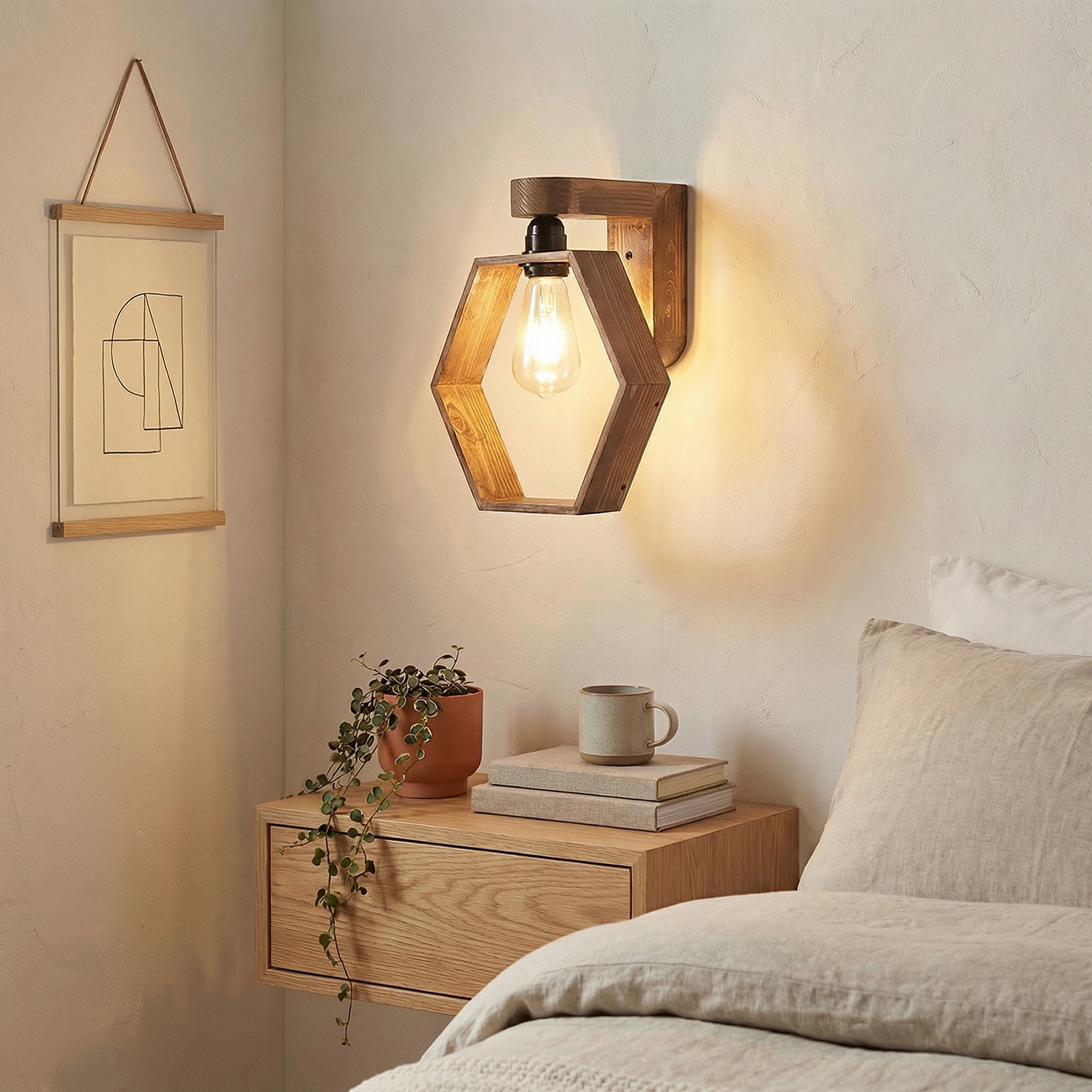 Hex Brown Solid Wood Wall Lights