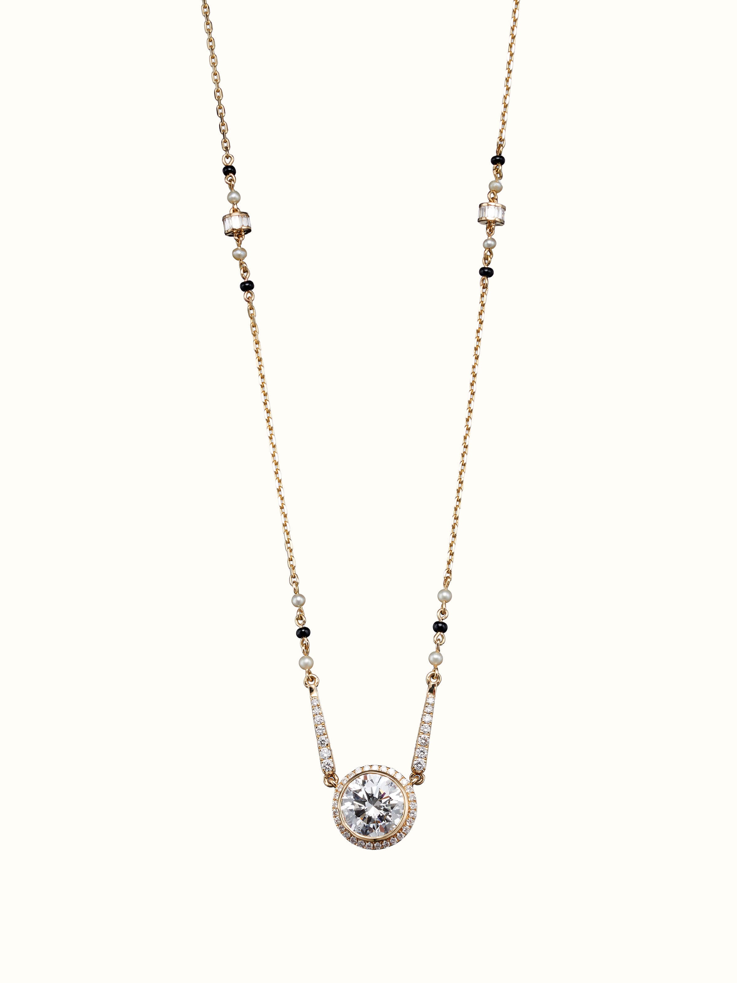 front view of open setting 14 karat gold mangalsutra with minimalist design