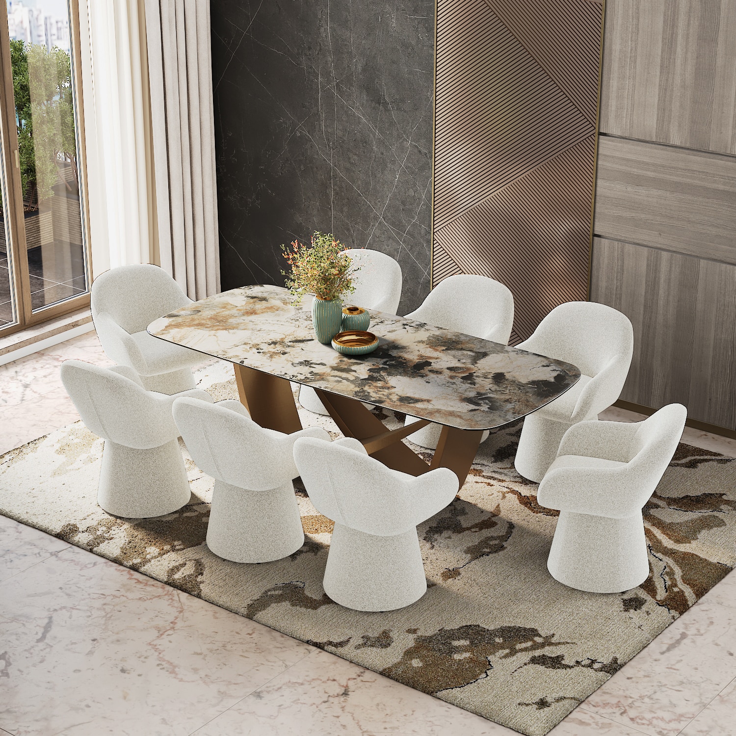 Paloma 8 Seater Spanish Ceramic Dining Table With 8 Selene Dining Chairs (Finish : Spanish Ceramic, Chair Colour : Grey)