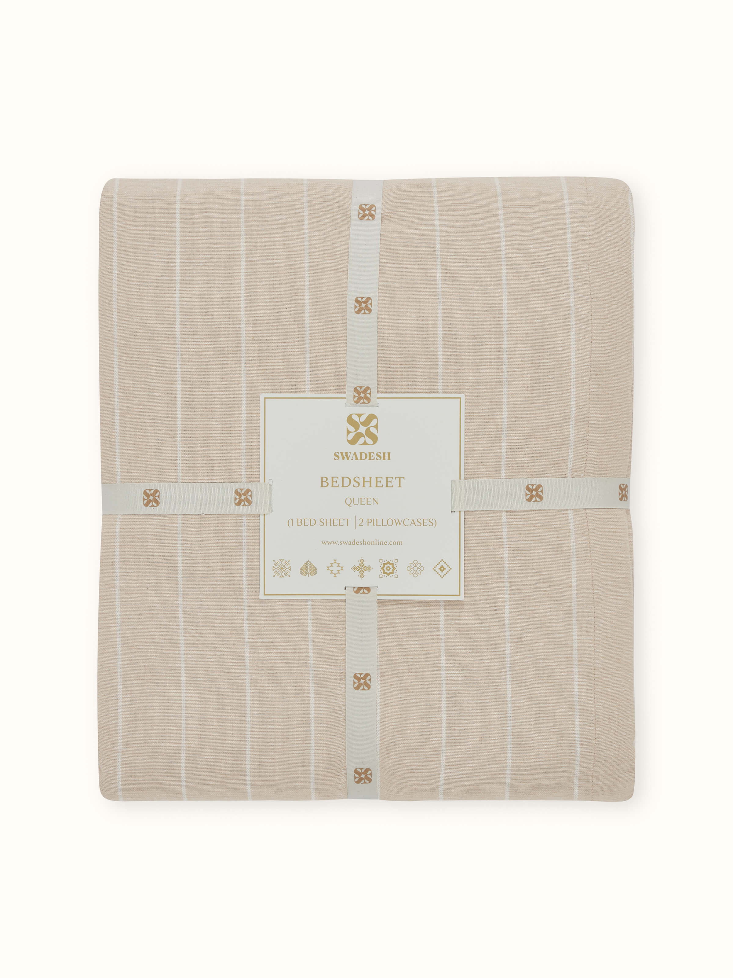 Keshod Handloom Cotton Beige Chambray Stripe Queen-size Bedsheet Set