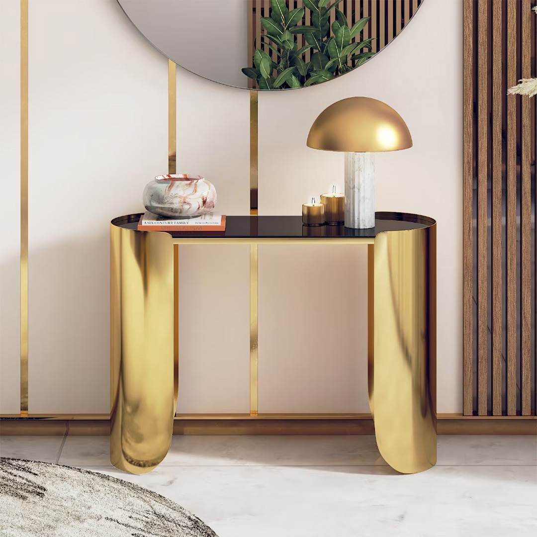 Belle Black Mirror and Metal Console Table in Gold finish