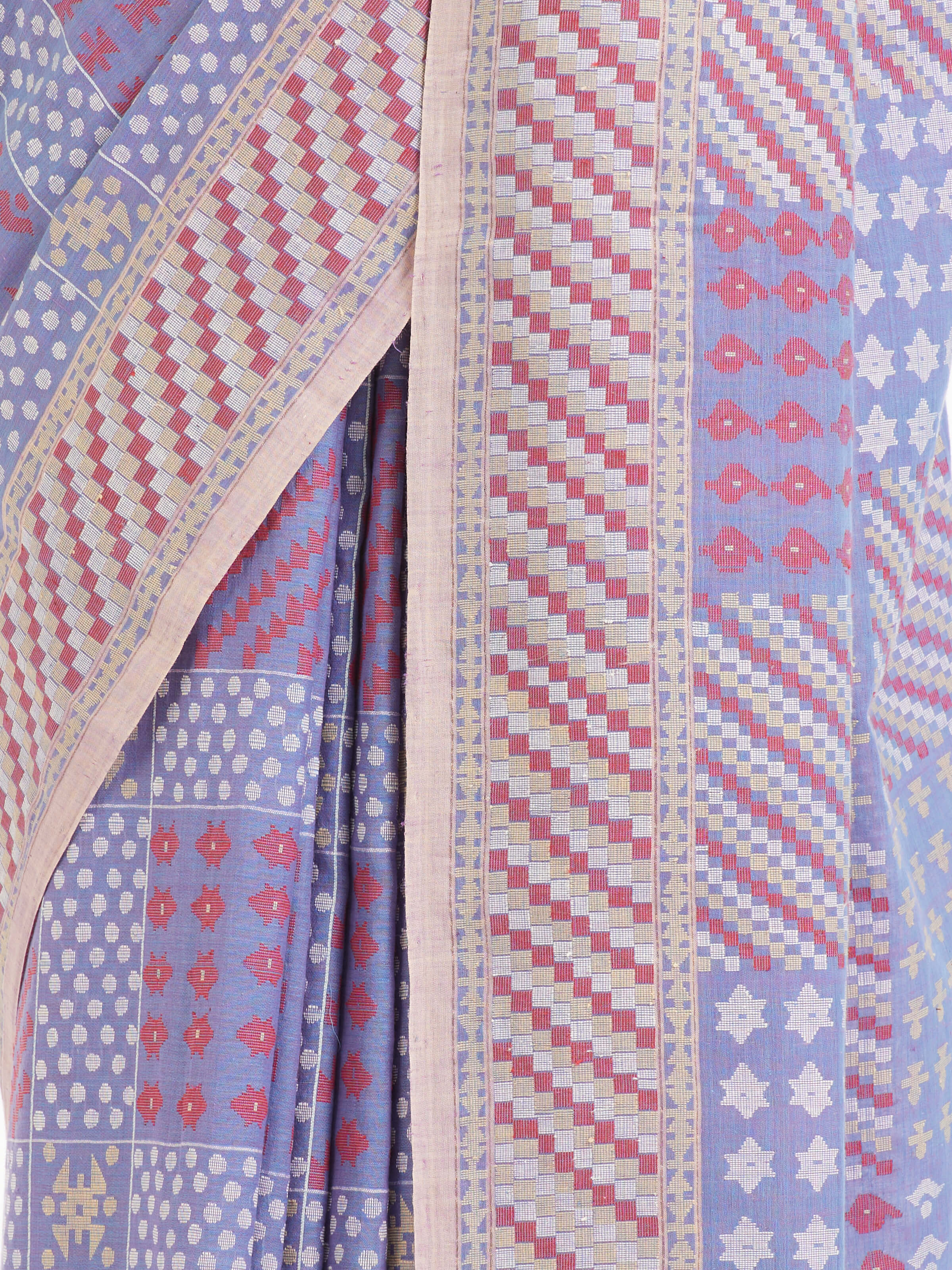 Detail view of beige cotton Bengal Jamdani saree showing fabric texture and motif work
