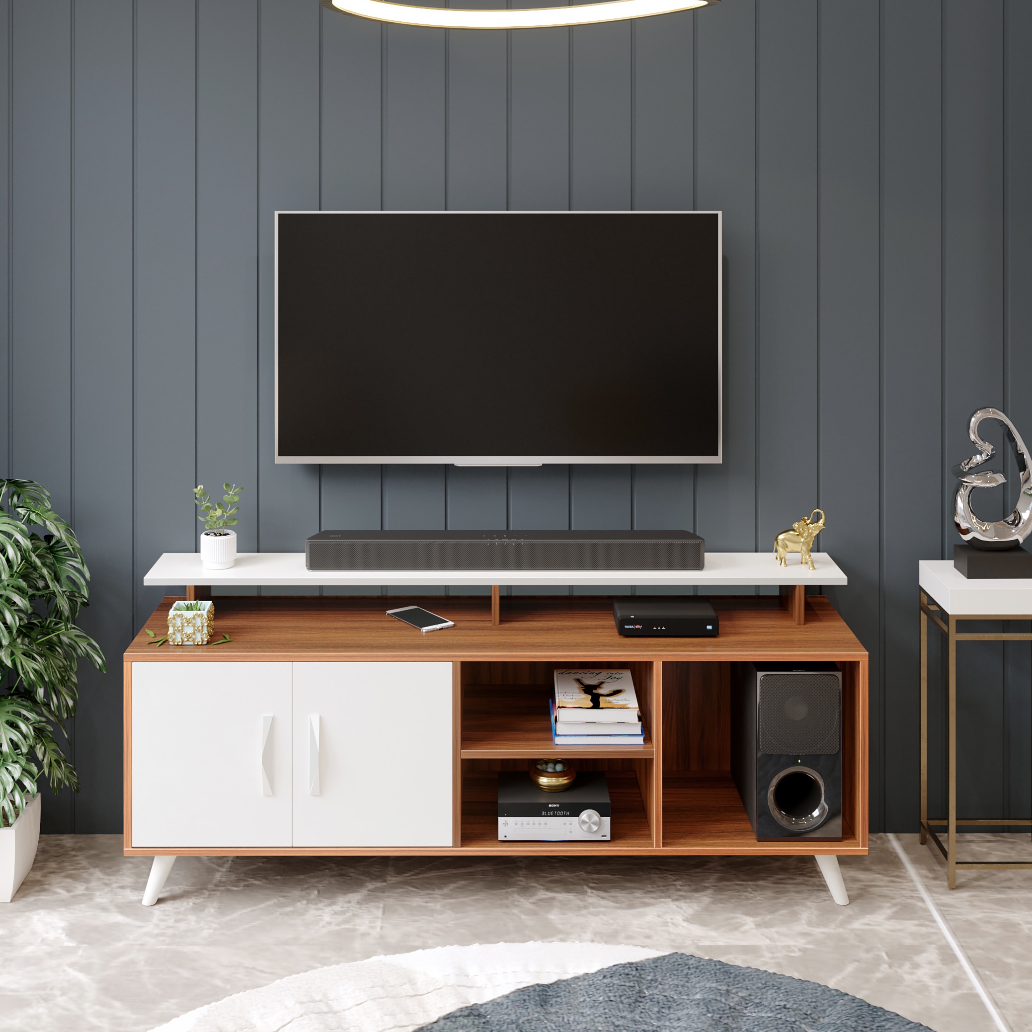 BLUEWUD Skiddo Engineered Wood TV Entertainment Unit Set Top Box Stand/TV Cabinet Panel with Shelves for Books & D�cor Display Unit Bed Living Room Upto 55 Inches - DIY (Walnut & White)