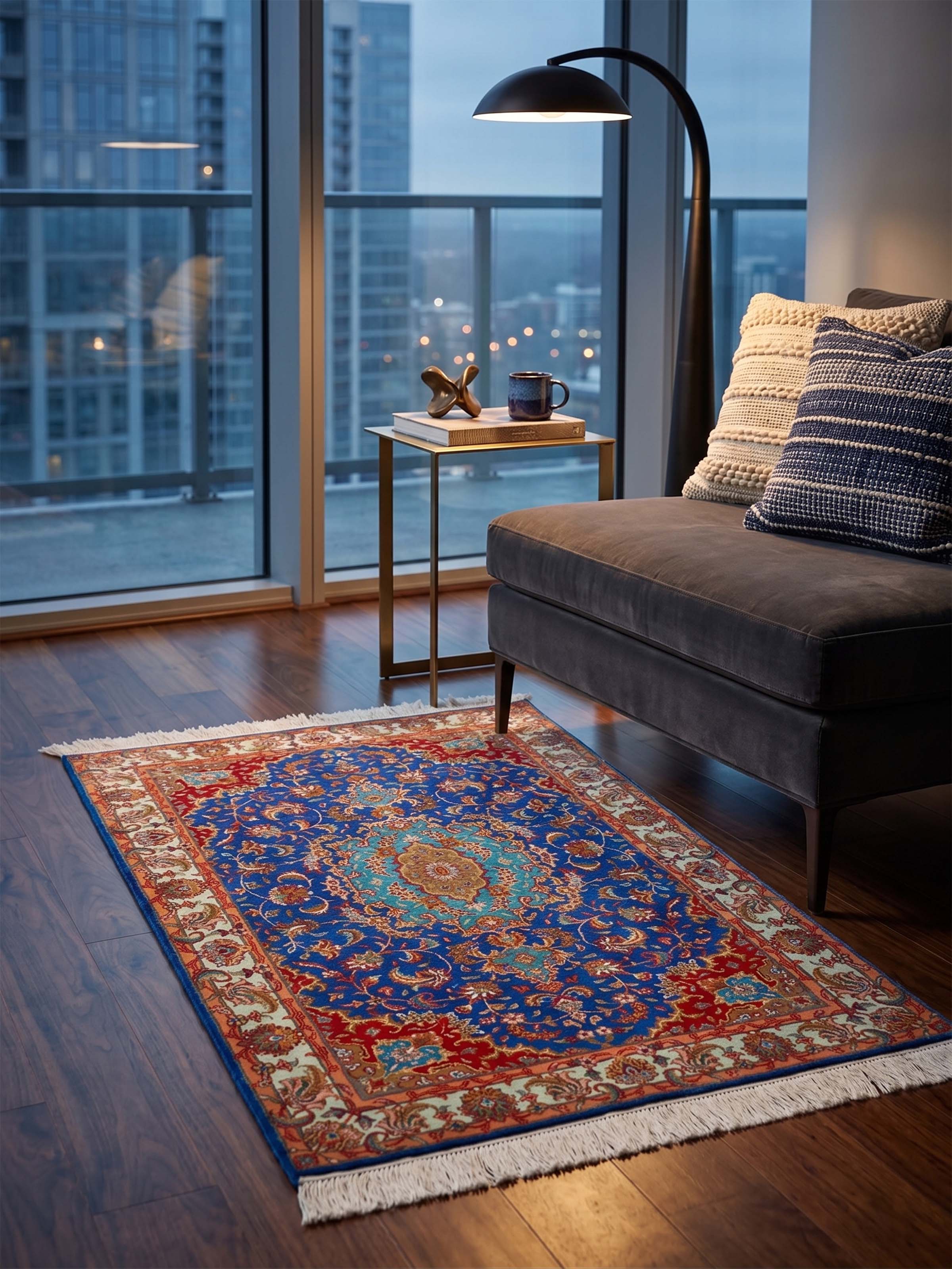 Traditional Persian Blue Red Kashan Kashmir Silk Hand-Knotted Carpet