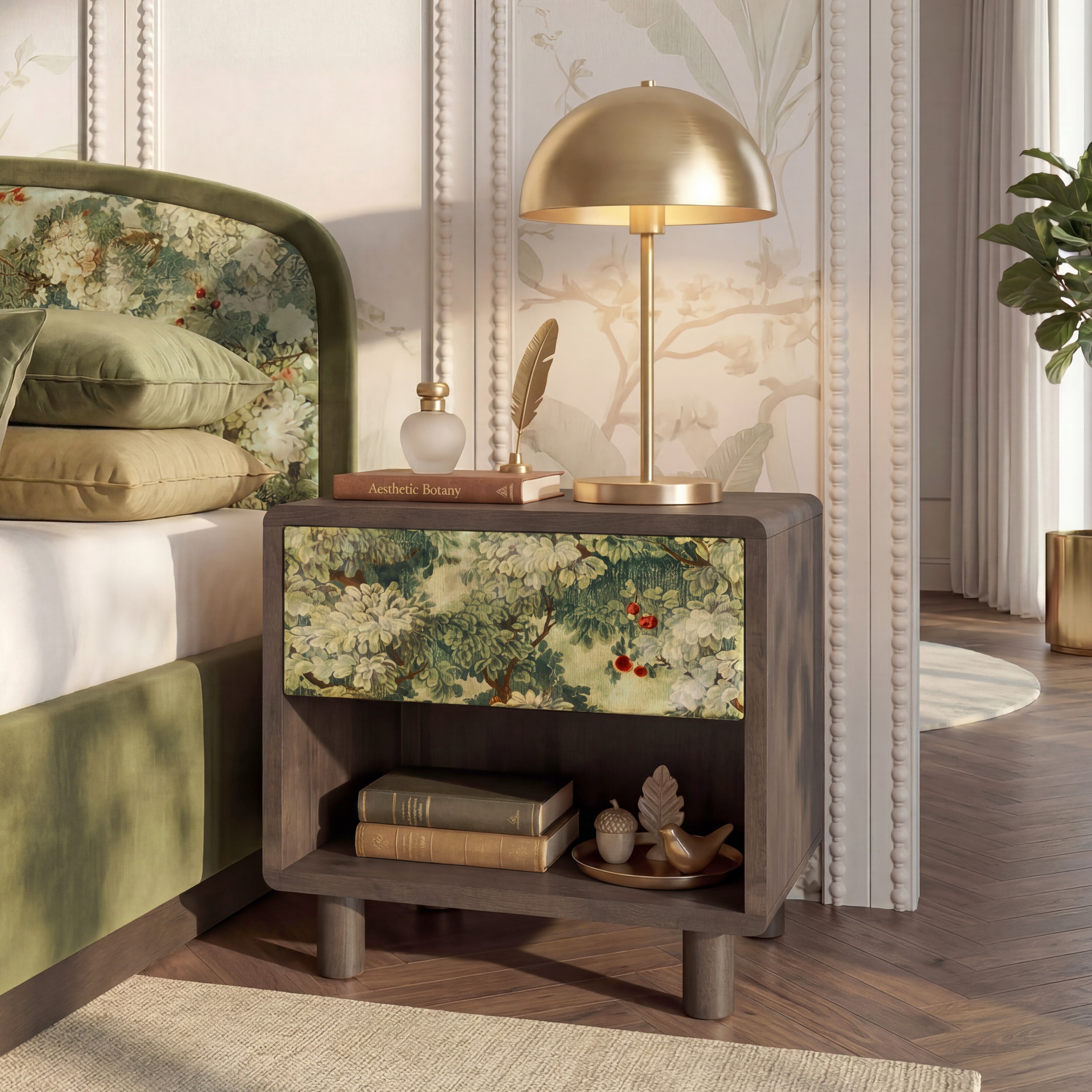 Eden Upholstered Solid wood Bedside Table in Berry Orchid Fabric Colour with Danish Walnut Finish - Urban Ladder
