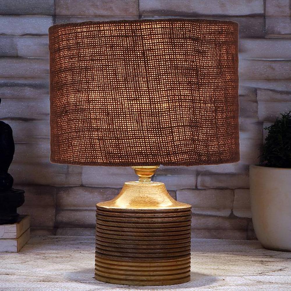 Christabel Brown Jute Table Lamp with Natural Wood Base