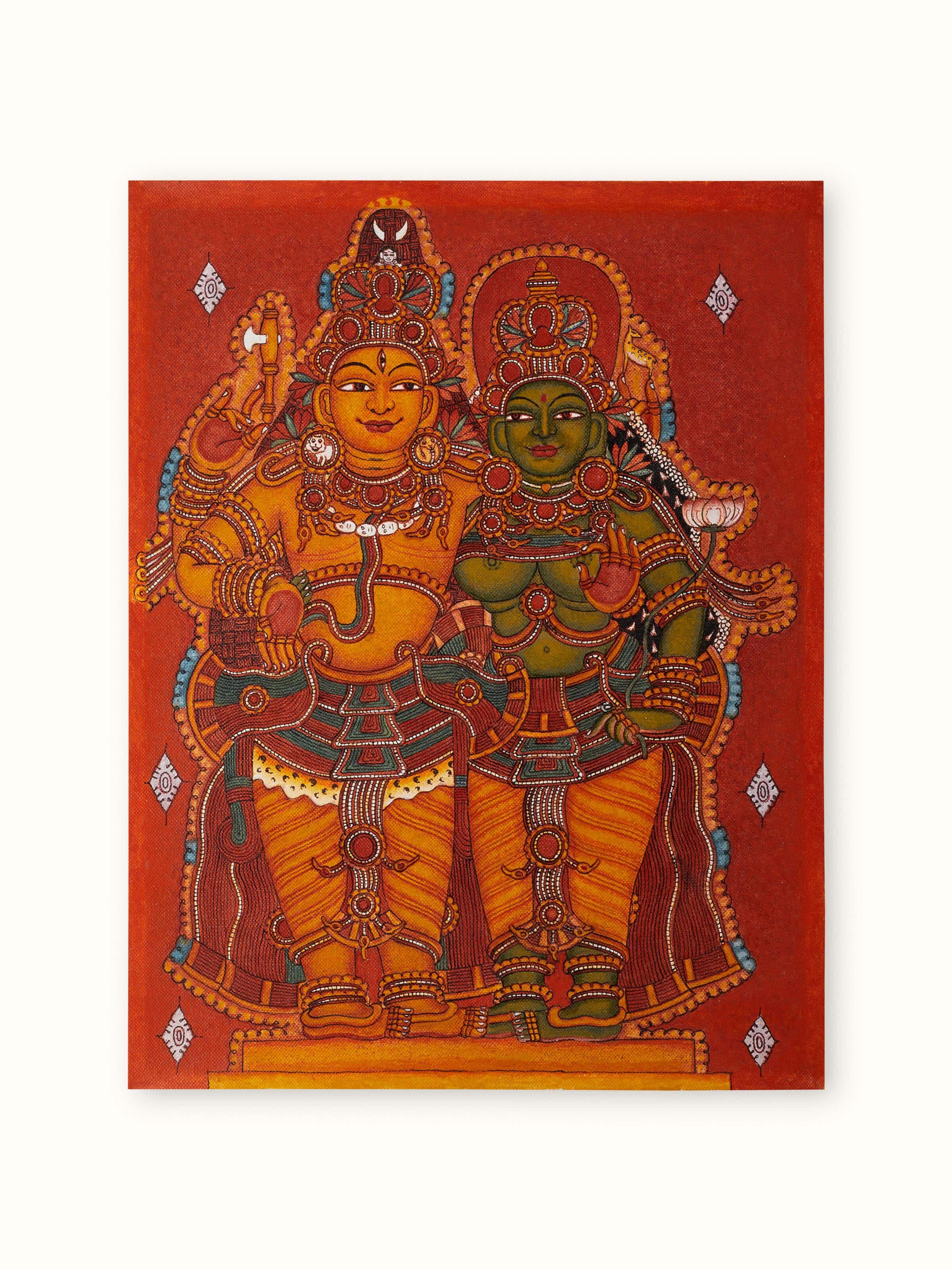 Front view of Parvathi Kerala mural painting showcasing traditional Indian art with vibrant colors and detailed patterns