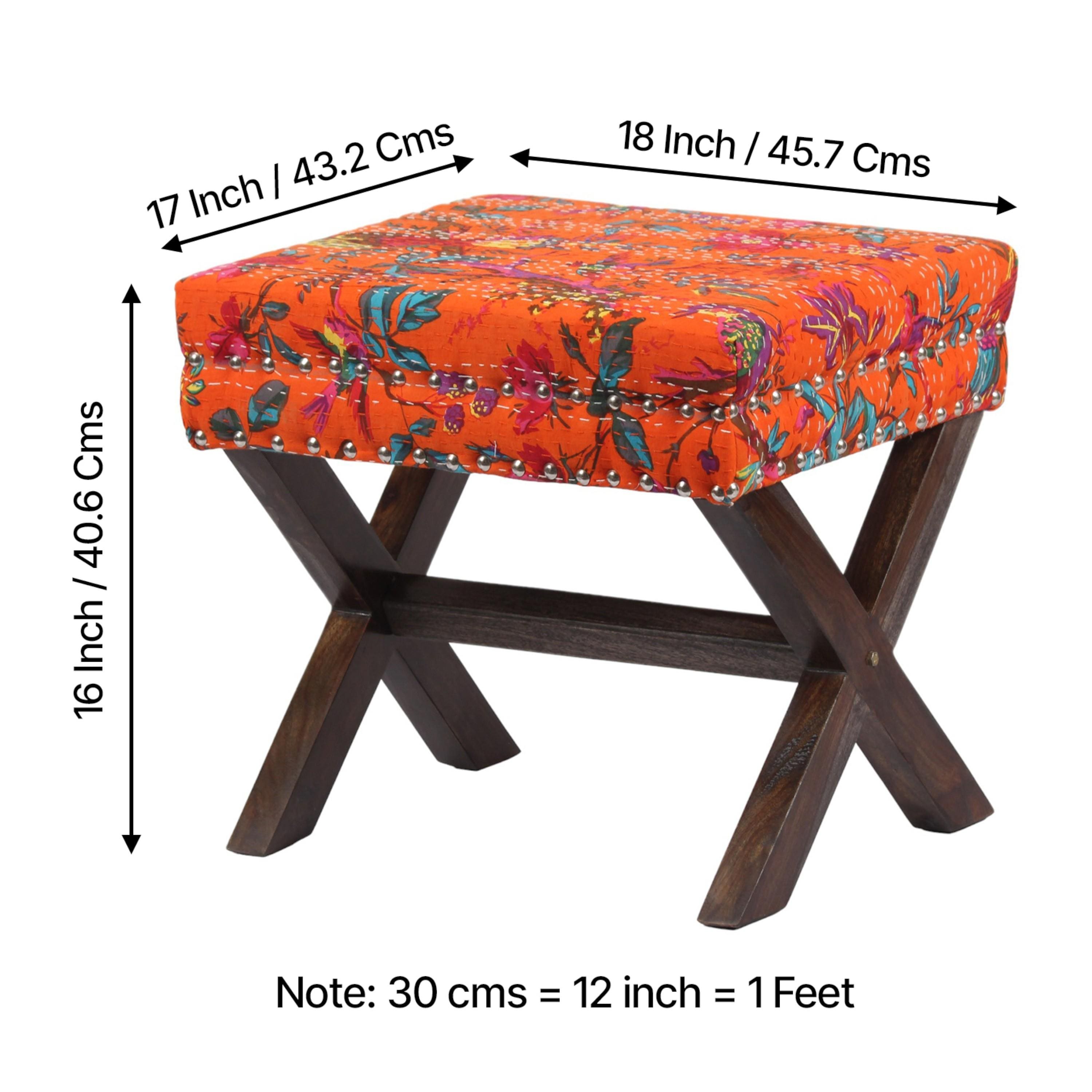Rosslyn Solid Wood Pouf Stool in Bird Print Orange Ethnic Kantha fabric