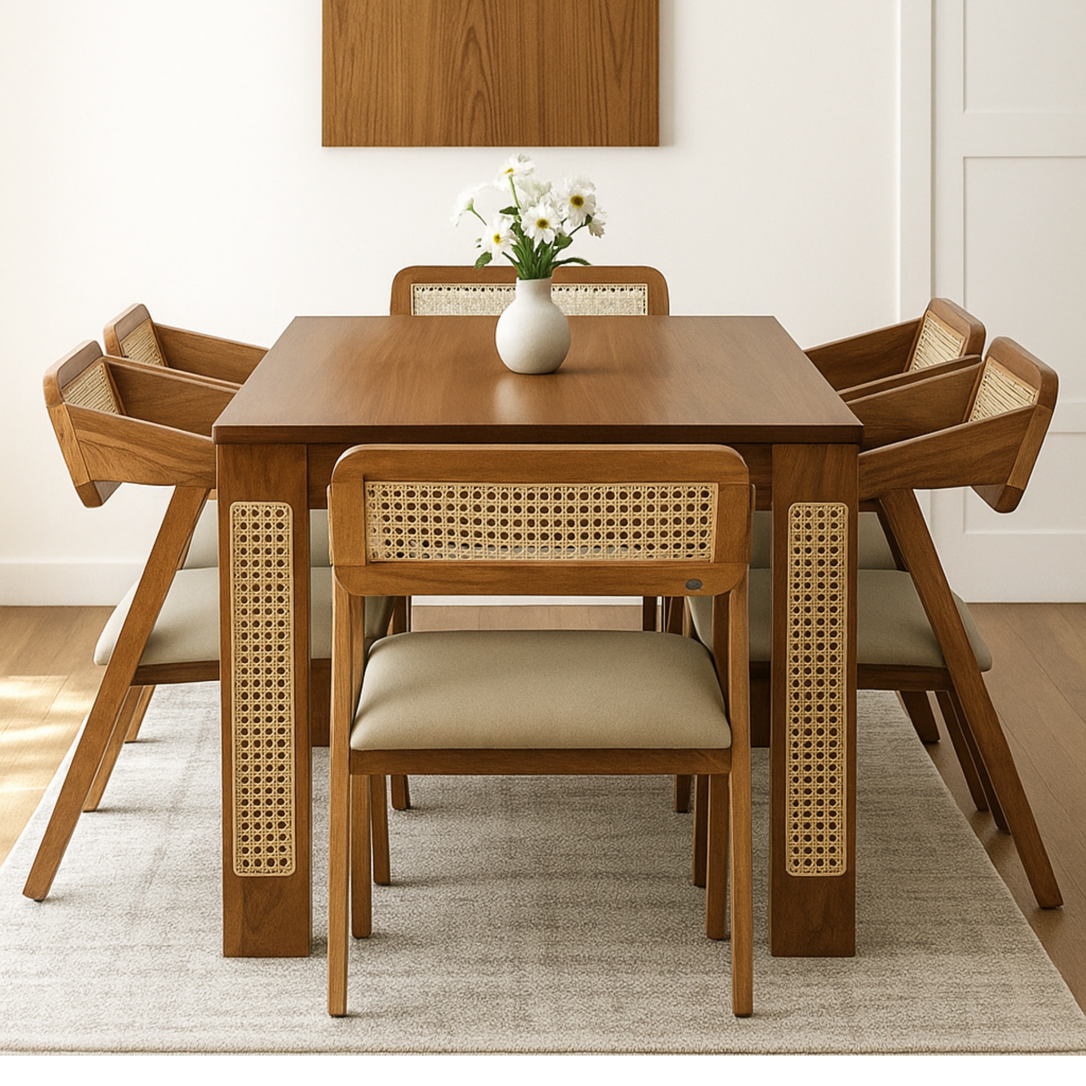 Globally Indian Sheesham Wood  6 Seater Dining Table Set With 6 Cushioned Cane Armchairs – Beige Color