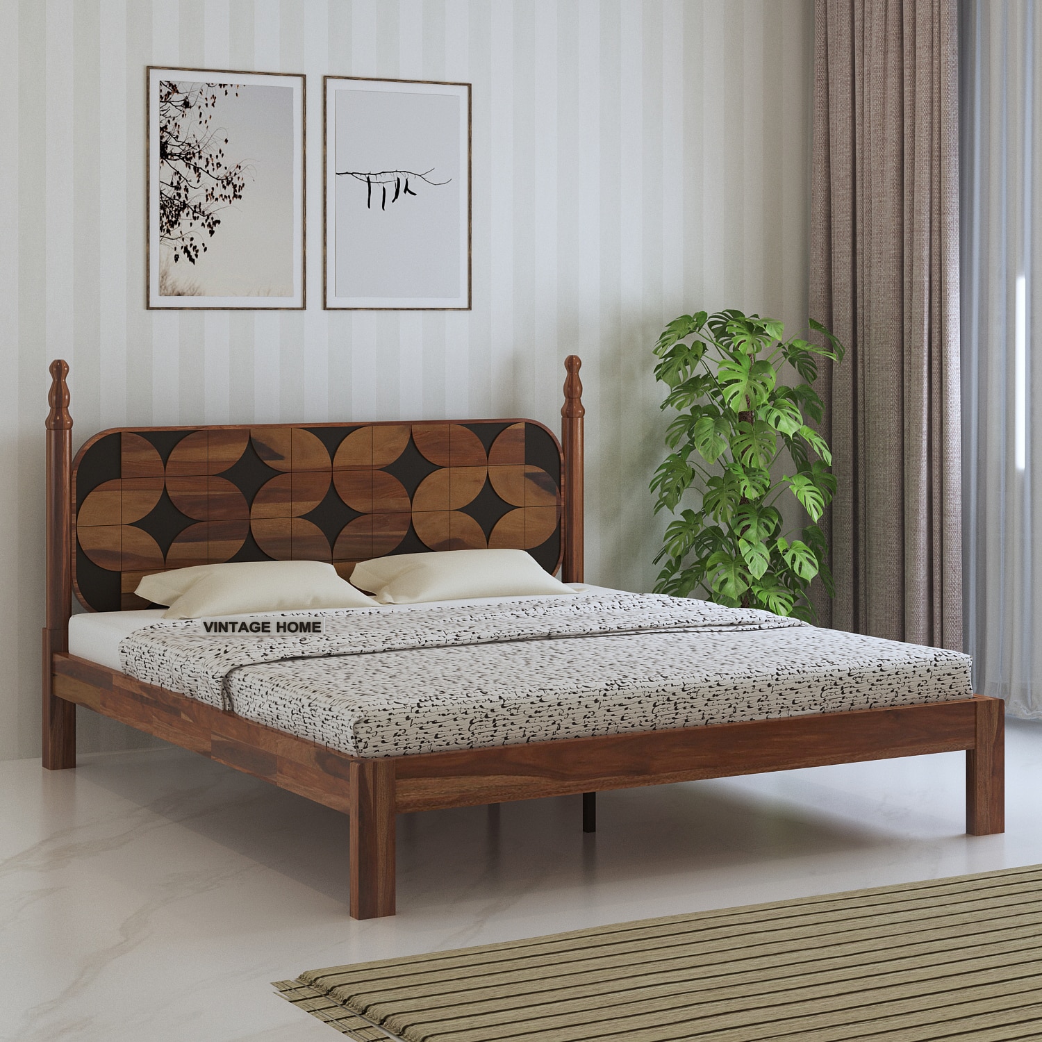 Rustic Solid Wood Queen Size Bed Non Storage Storage In Provincial Teak Finish