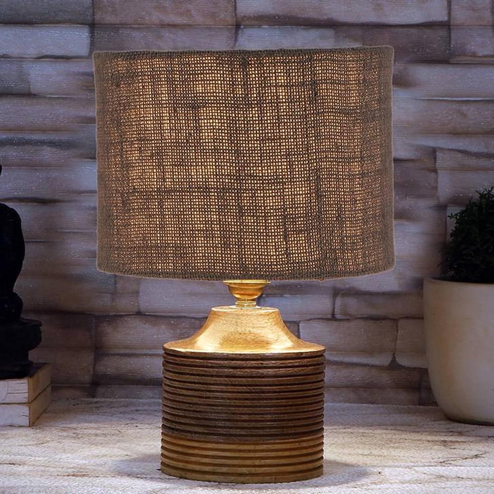 Clarice Grey Jute Table Lamp with Natural Wood Base - Devansh