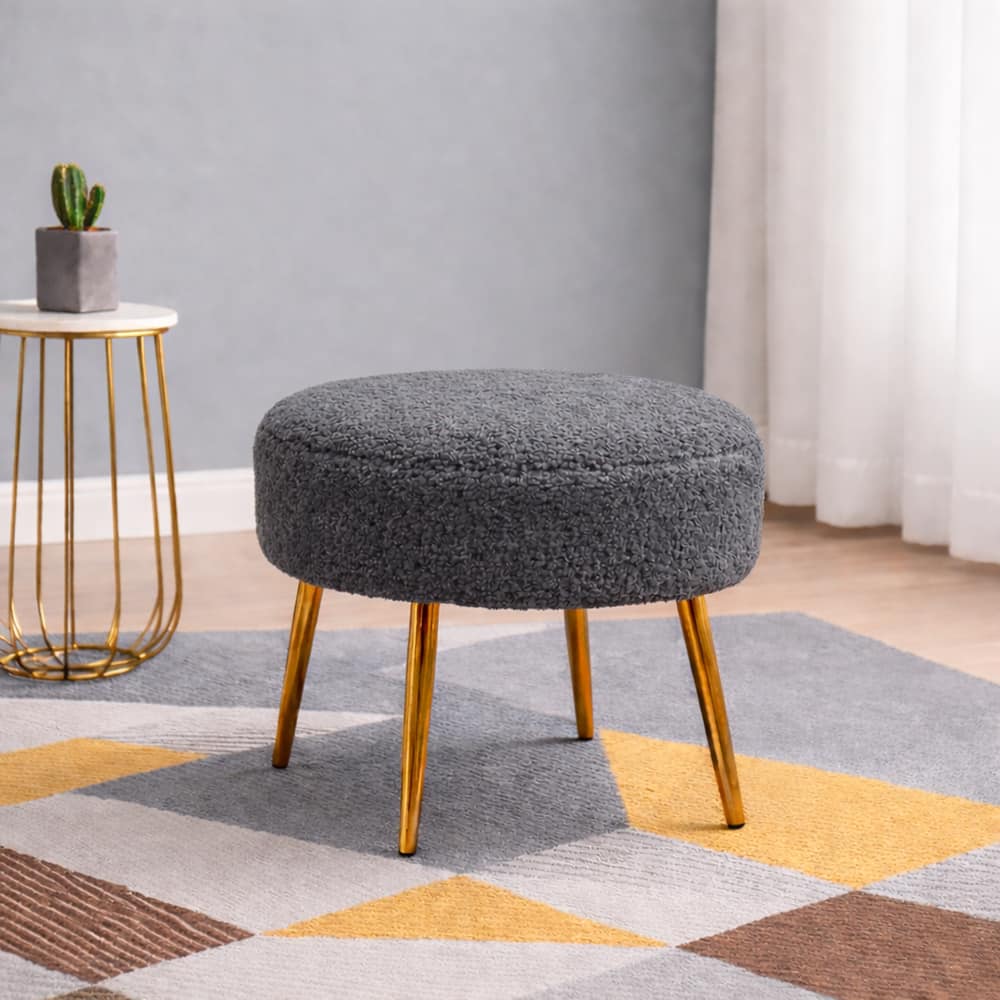 Doe Buck Luna Boucle Round Ottoman Stool in Grey Colour with Gold Metal Legs - Doe Buck