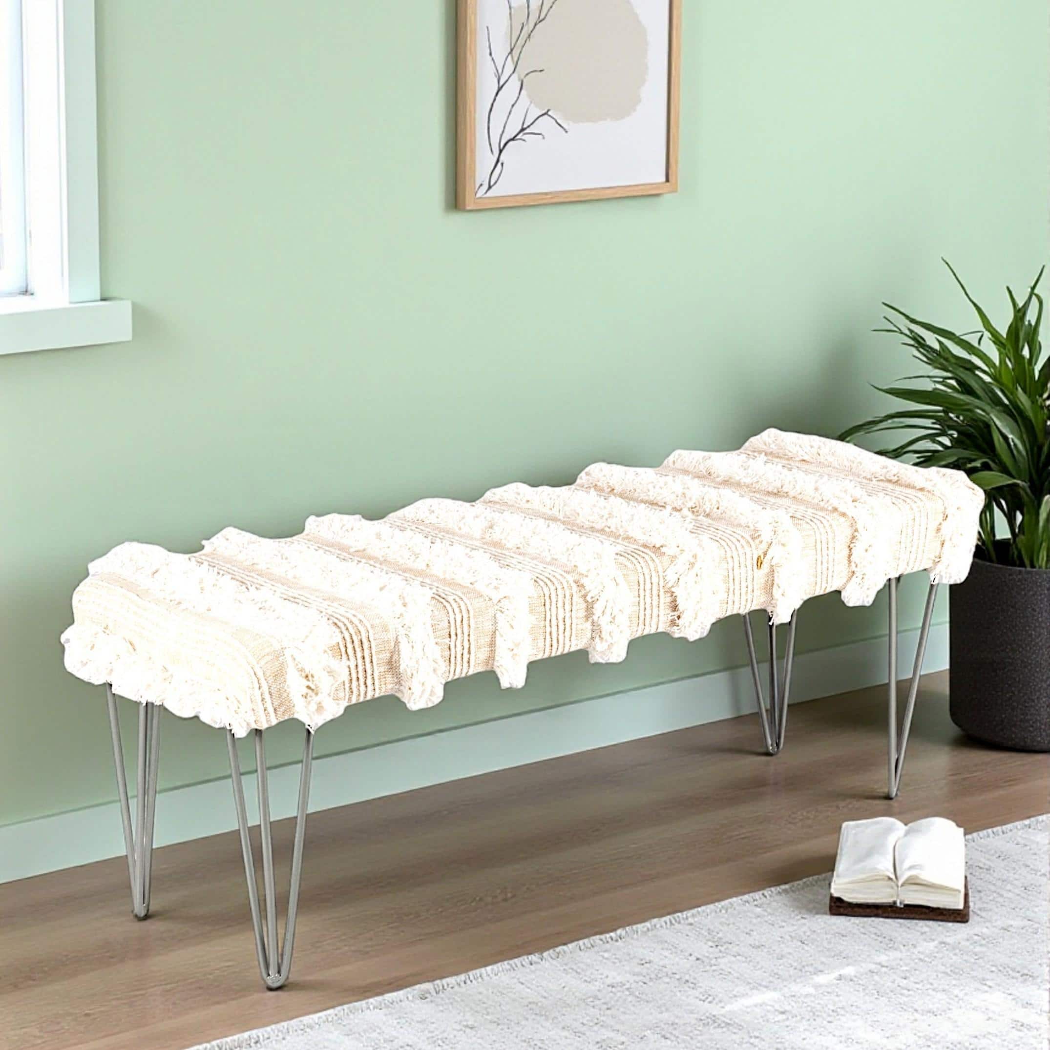 Belmont Sheesham Wood Mid Century 3 Seater Bench With Metal Legs In Beige Fabric