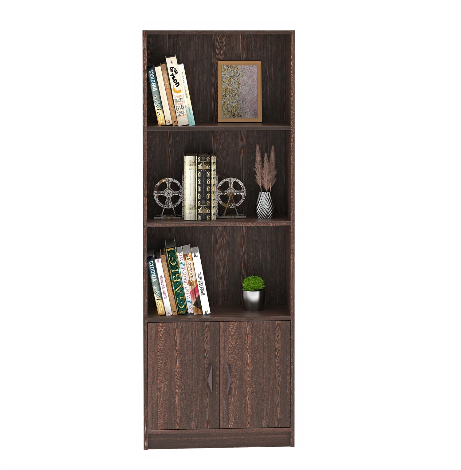 BLUEWUD Seonn Engineered Wood Bookshelf Crockery Storage Cabinet, Book Rack Organizer with Shelves for D�cor Display & 2 Doors, Storage Unit for Office Library Home (Wenge, Without Drawer)