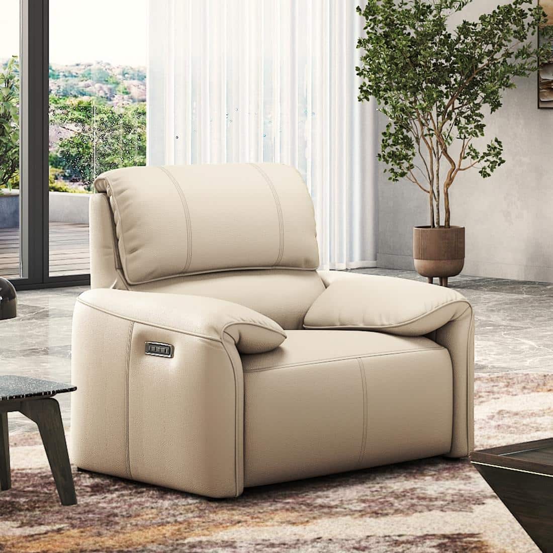 Leeroy One Seater Leather Recliner Sofa in Oyster White Colour