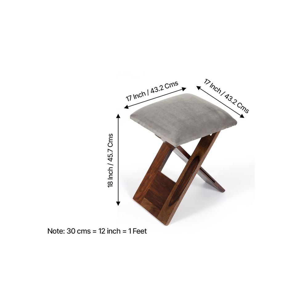Dayton Sheesham Wood Accent Square Set of 2   Stools in Grey Cotton Velvet Upholstery