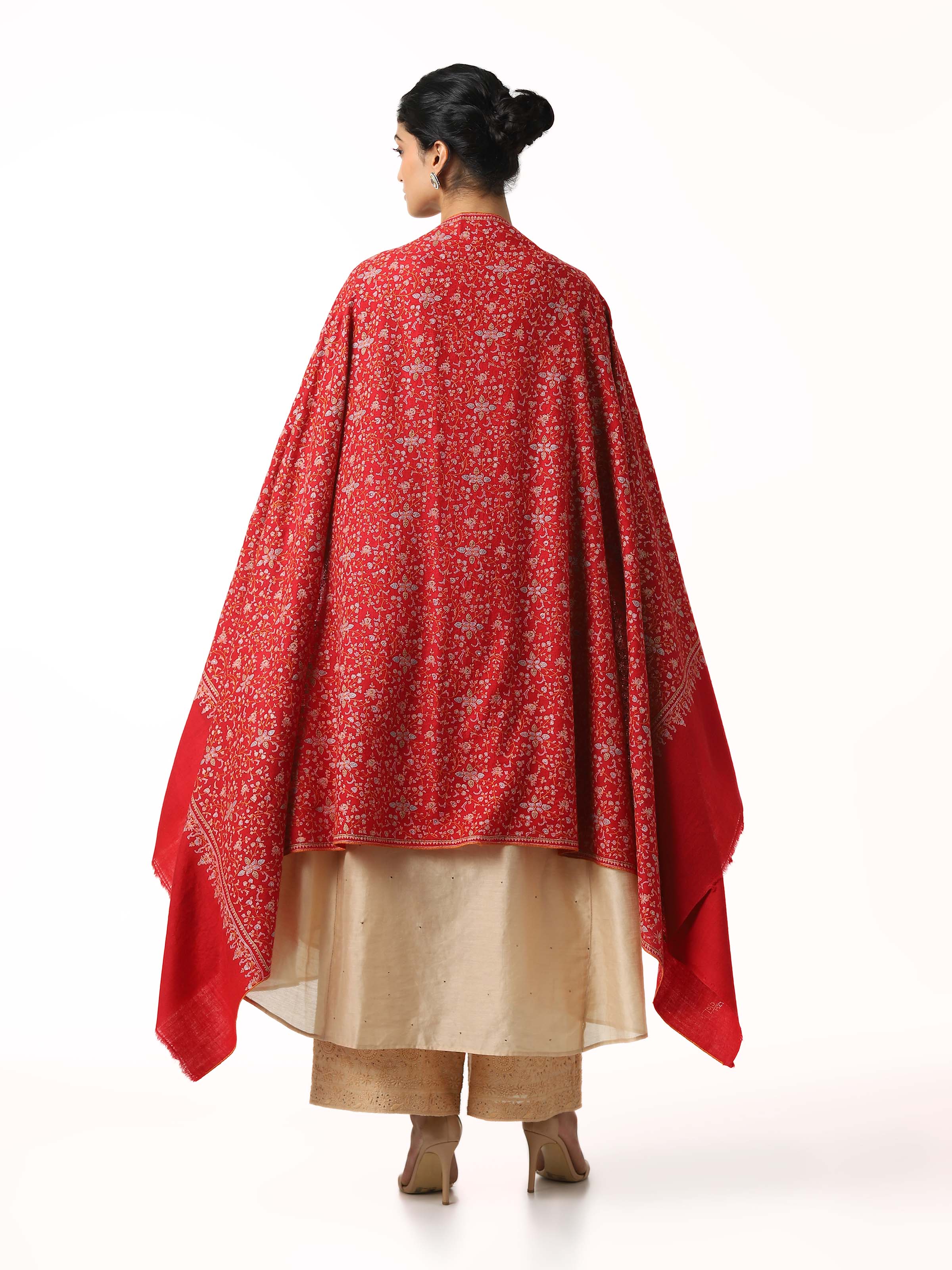 Back view of cashmere sozni embroidered shawl displaying full design
