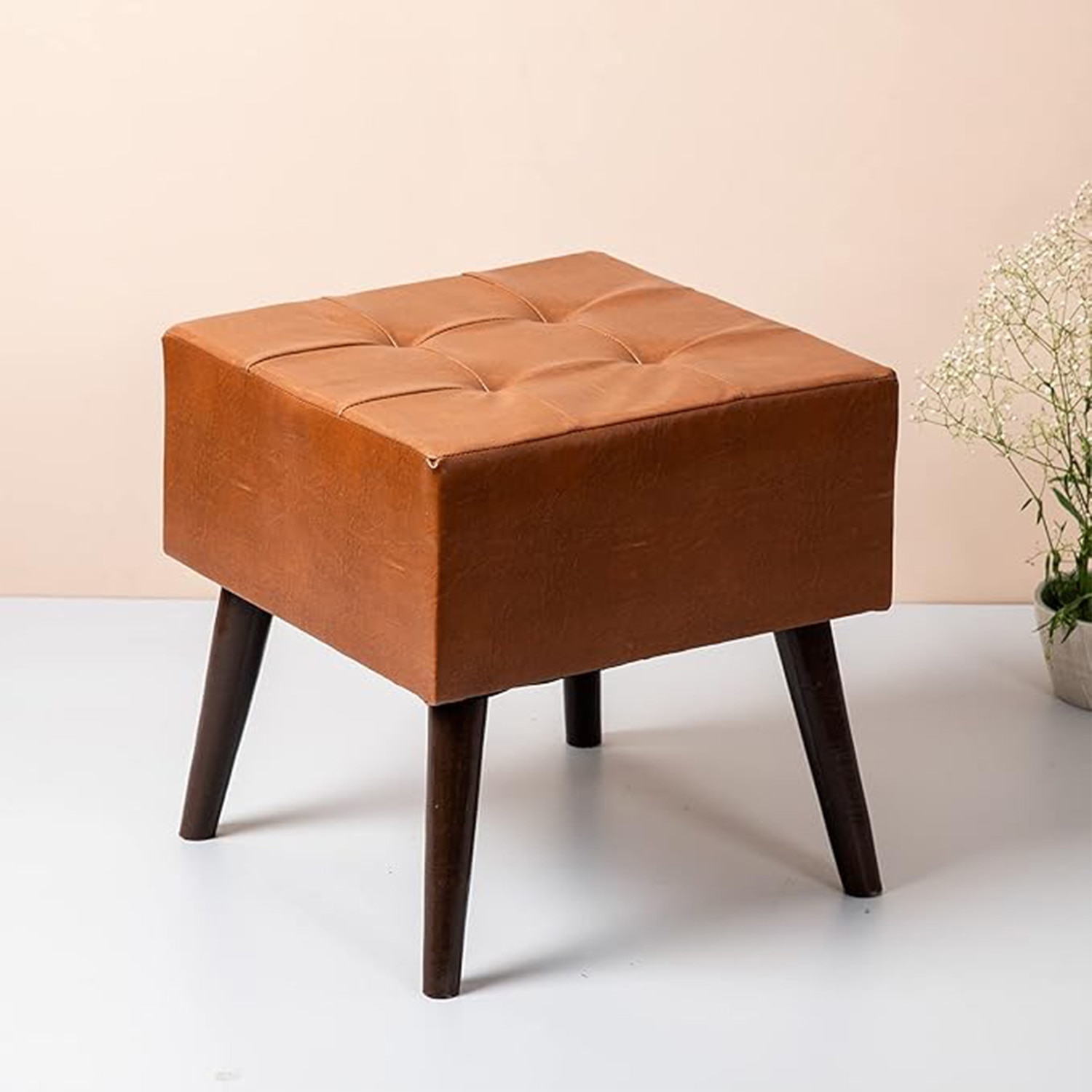 Axel Leatherette Wooden Stool Tufted in Tan Color Set of 2 - Nestroots