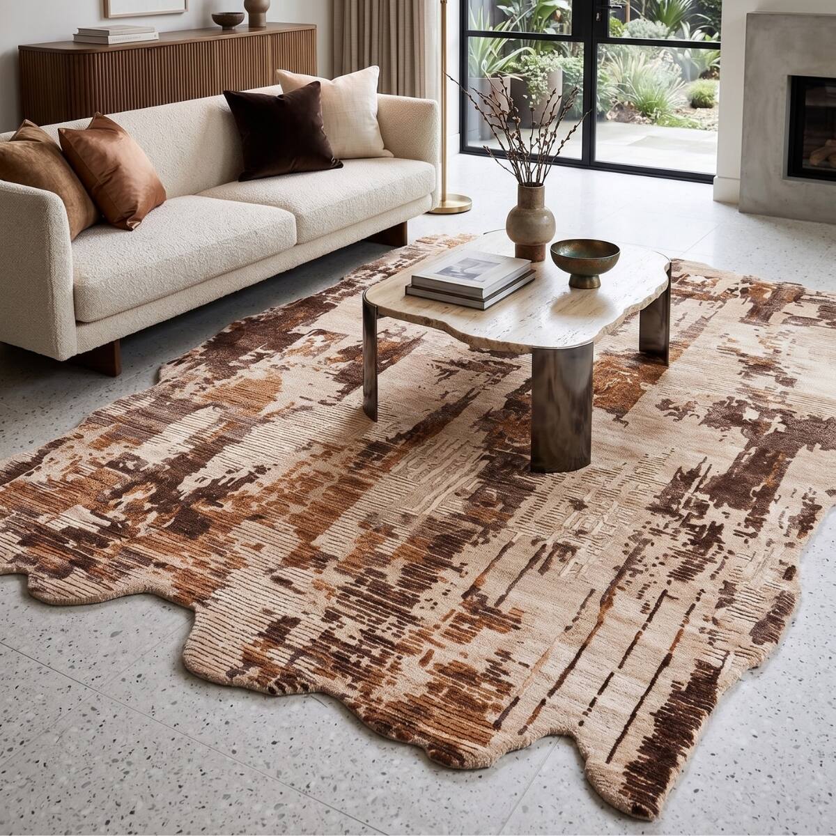 Beige Brown Abstract Wool Silk Shaped Rug Hand Tufted Area Rug for Living Room Bedroom 10x14