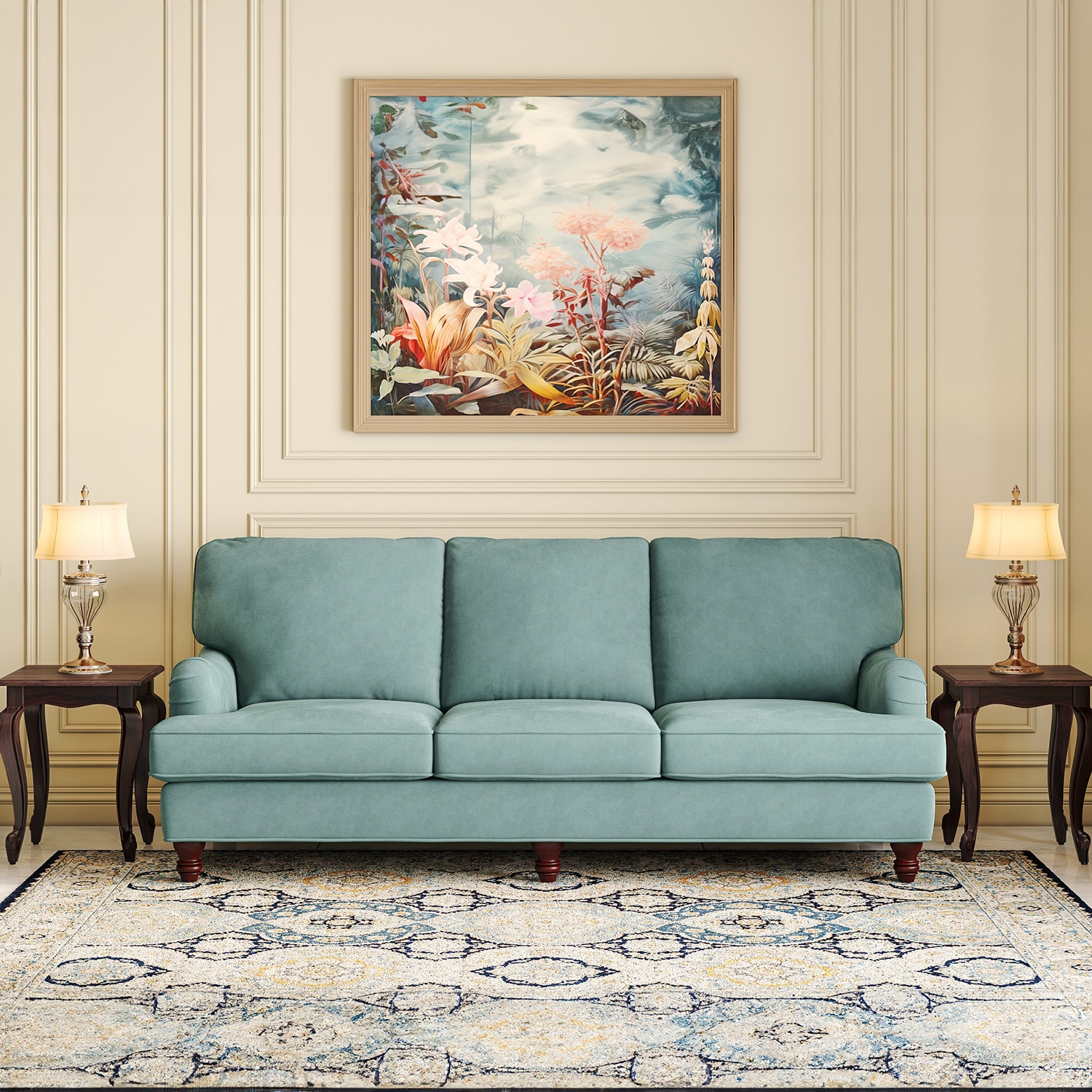 Ophelia 3 Seater Fabric Sofa In Dusty Turquoise Velvet Colour