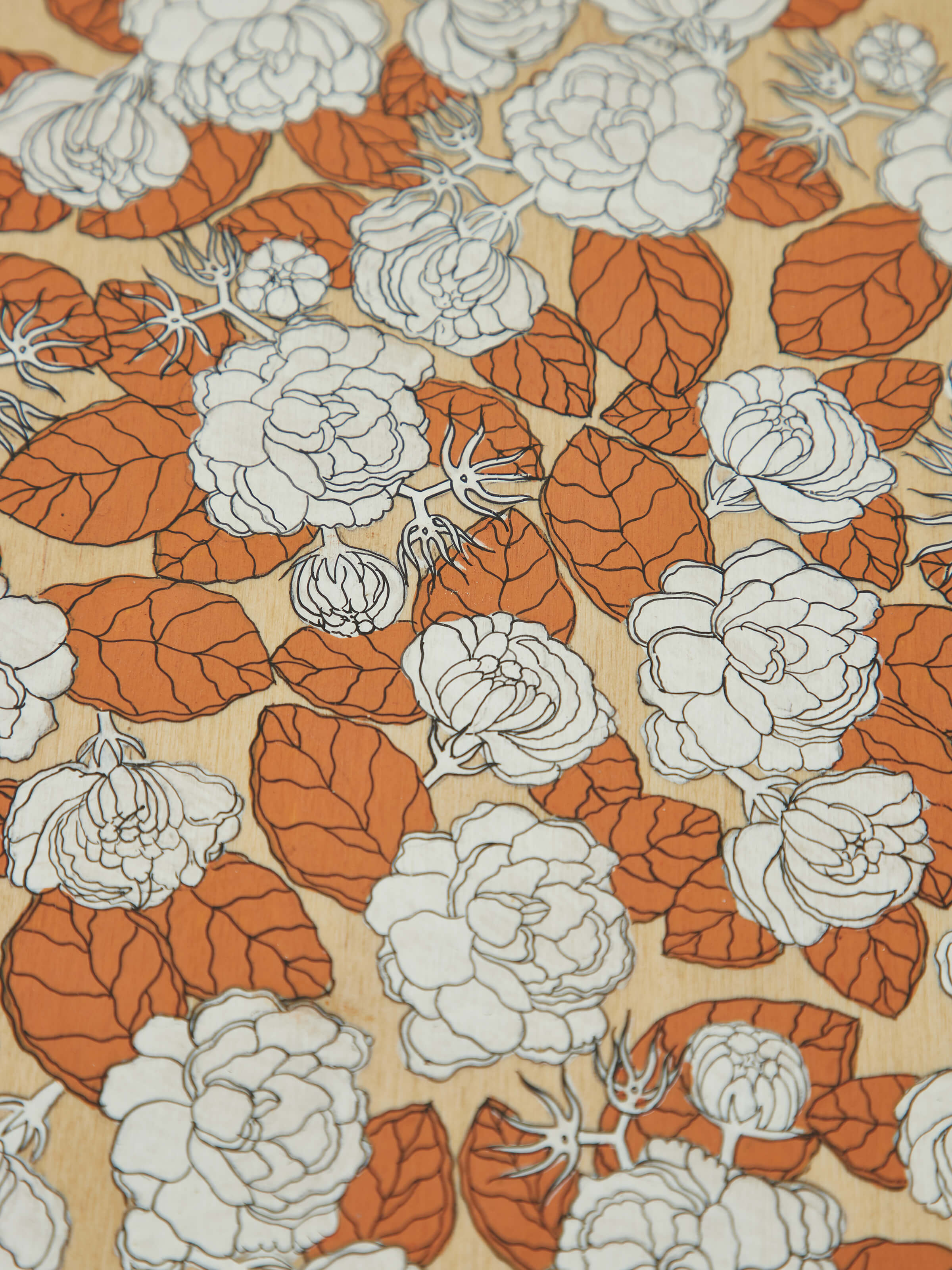 Close-up of the pattachitra artwork on the Teak wood square side table, showcasing detailed motifs