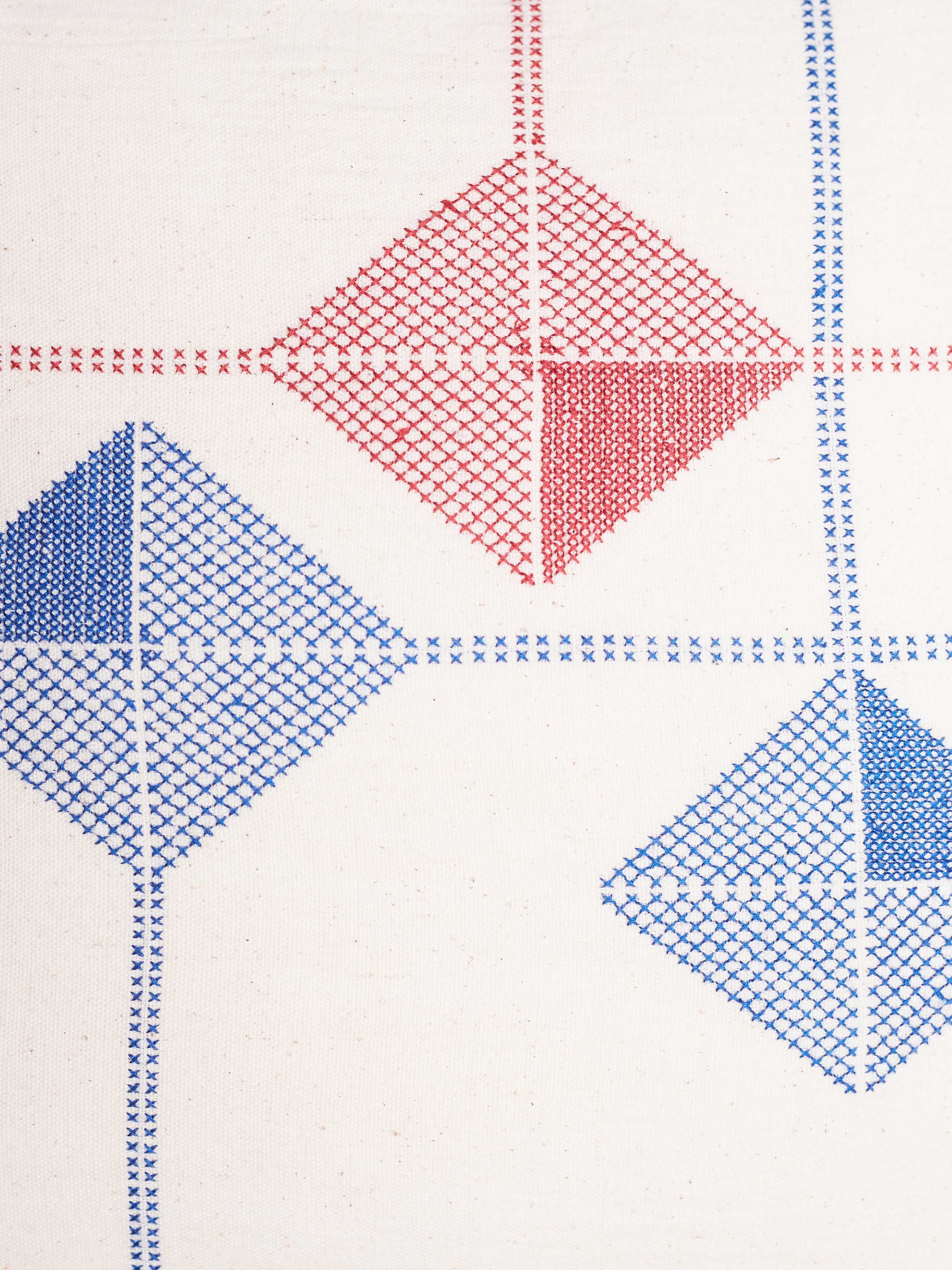 Close-up of Kutch Jat hand embroidery on cotton cushion cover