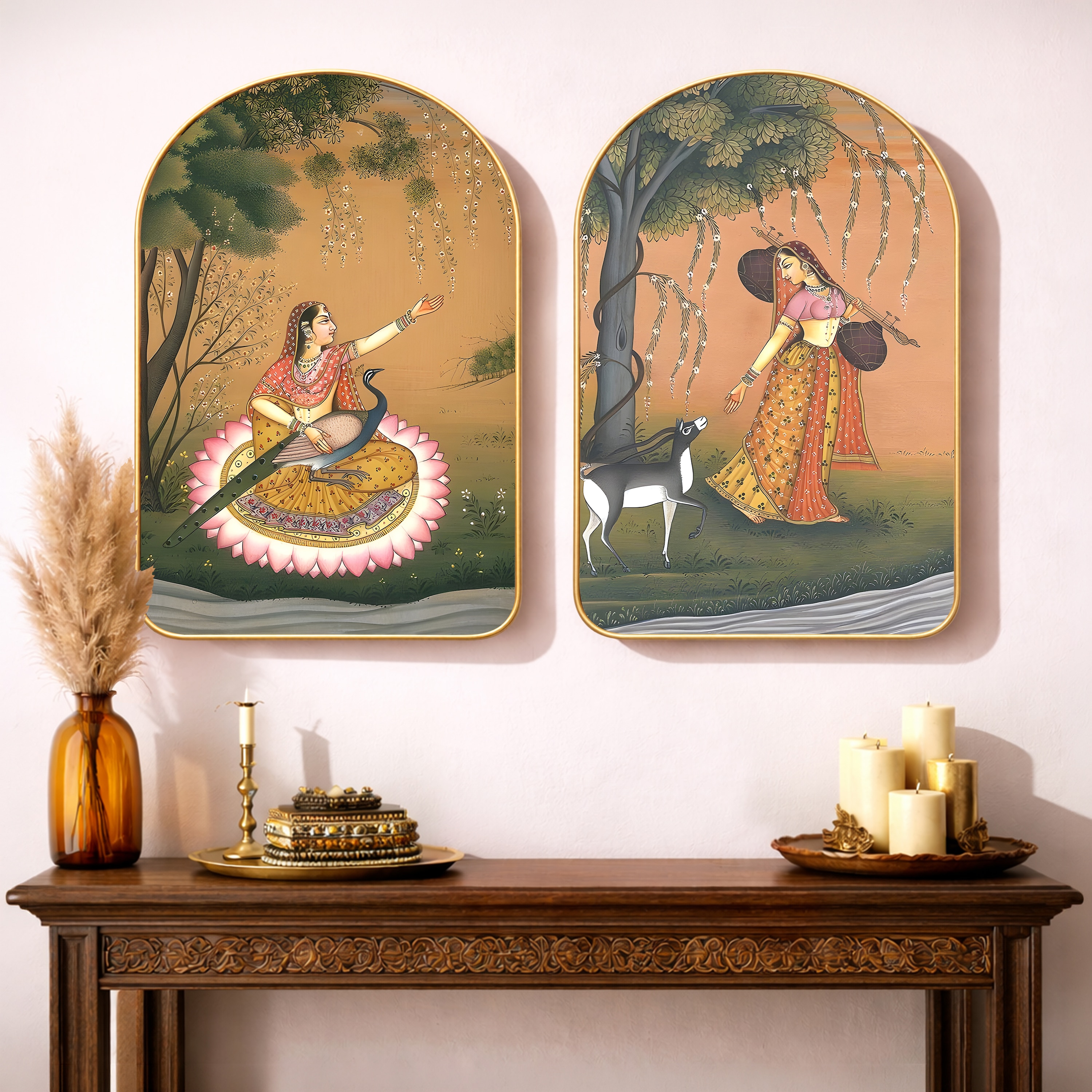 Rajasthani Peacock and Women Wall Art Painting Set of 2 Gold Frame 16 x 24 Inch - Art Street