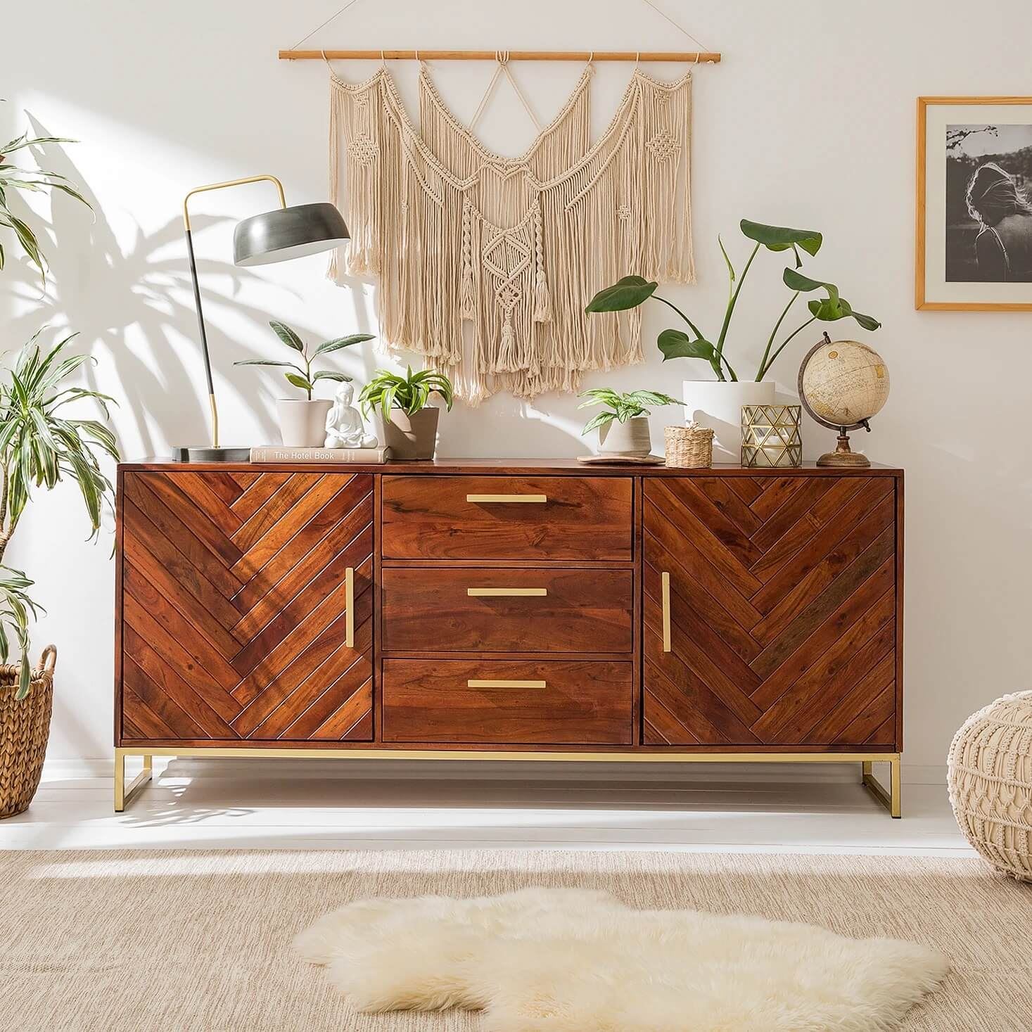 Loga Solid Wood Sideboard in Honey & Gold Finish - The Home Dekor