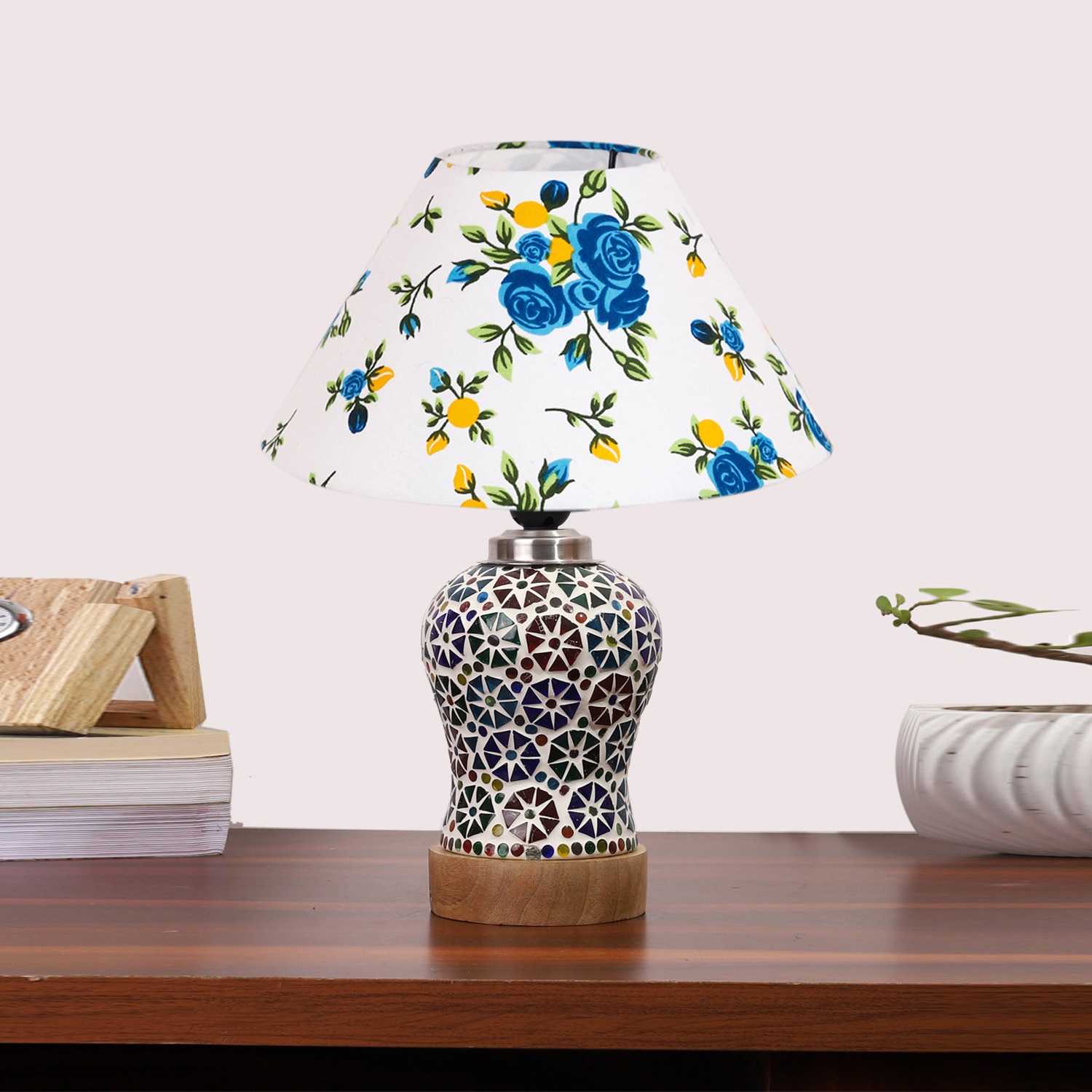 Devansh Conical Multi Cotton Shade Lamp With Wood & Mosaic Glass Base For Decoration/Office/Home/Gifting/Study For Decoration/Office/Home/Gifting/Study -(10X10X14.5) Inches -A - Devansh