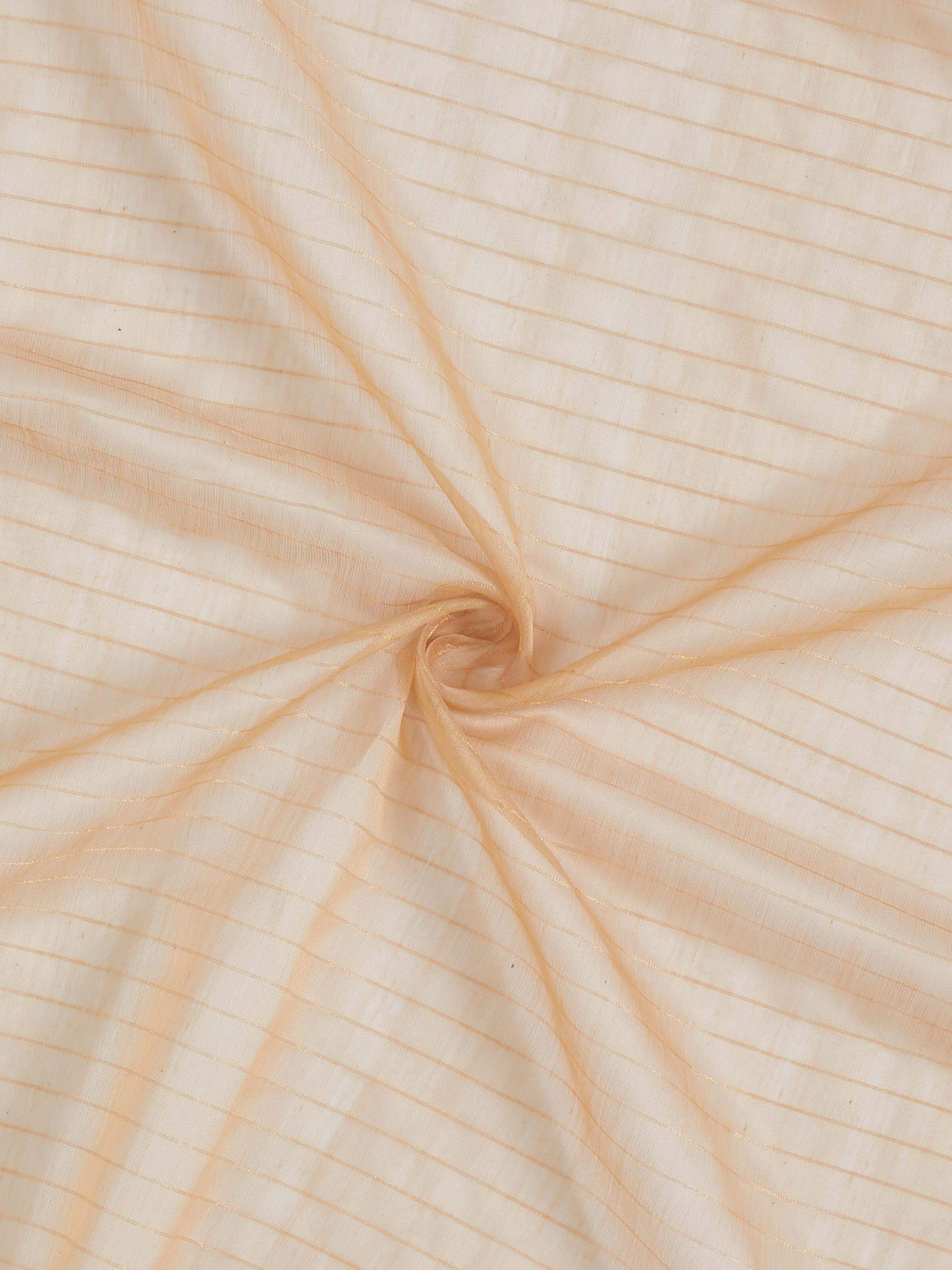 Angled view highlighting texture of beige metallic stripe Maheshwari silk cotton sheer curtain.