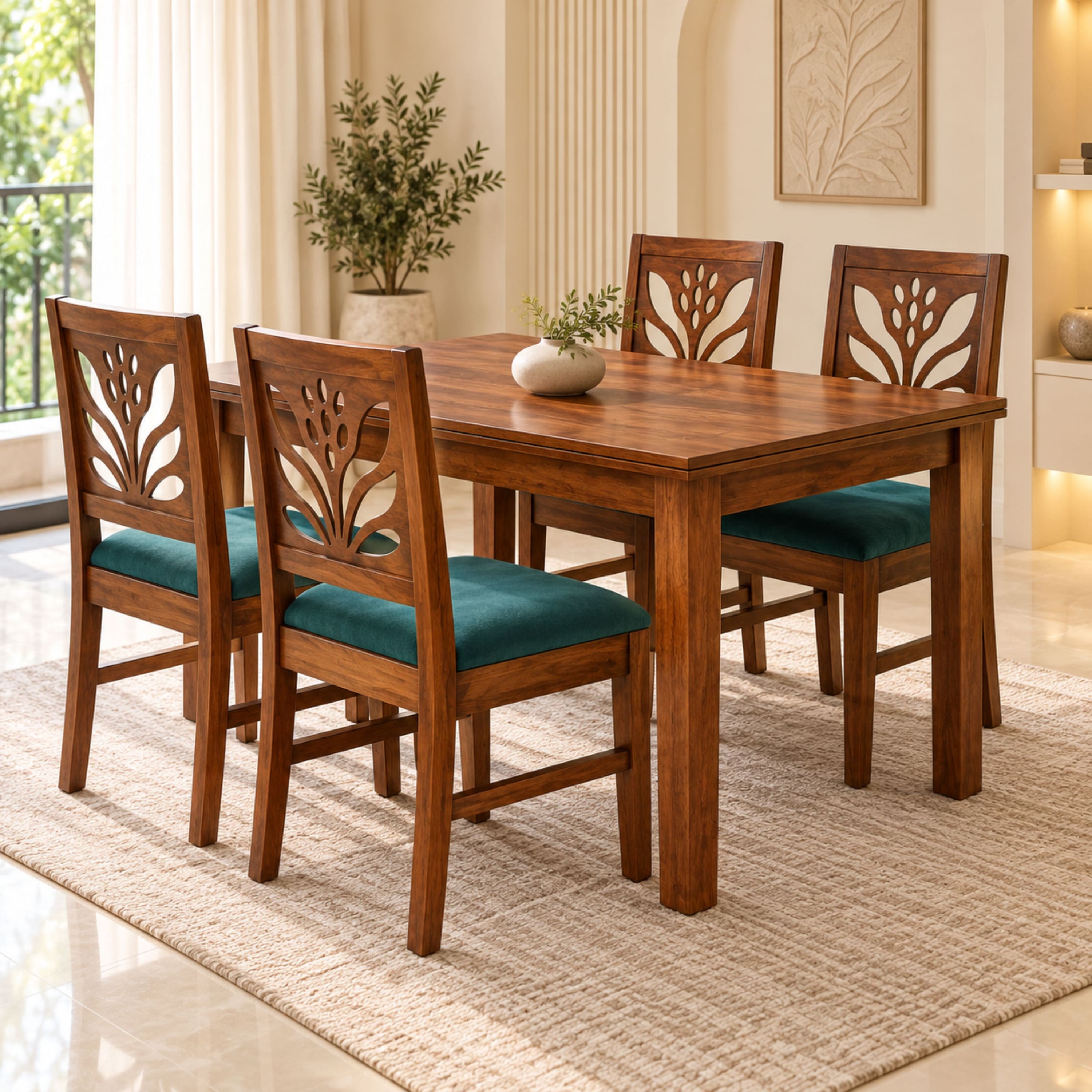 Globally Indian Ankura Solid Sheesham Wood 4 Seater Dining Table Set 4 Chairs Teal Green