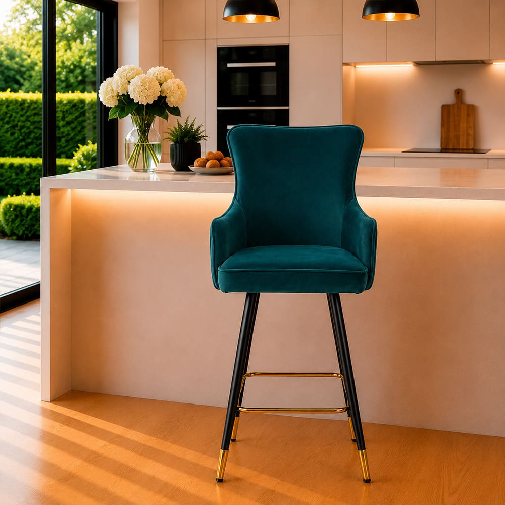 Doe Buck Nolen Upholstered Bar Stool in Teal Colour with Gold Tip Legs - Doe Buck