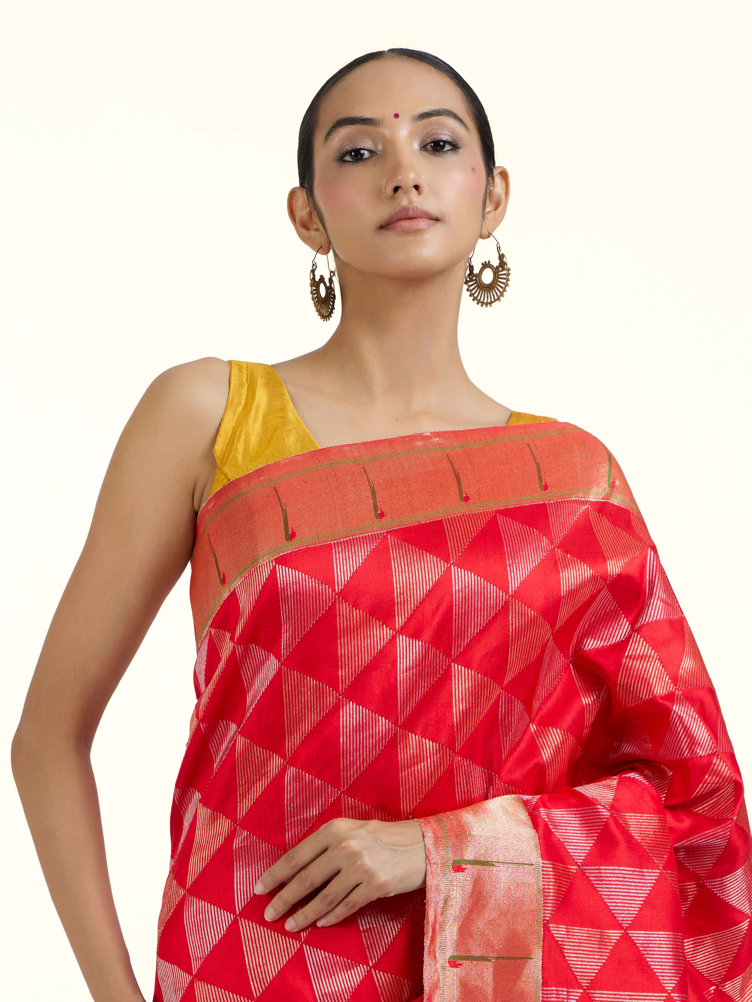 Draped detail view of the Red Silk Paithani Saree