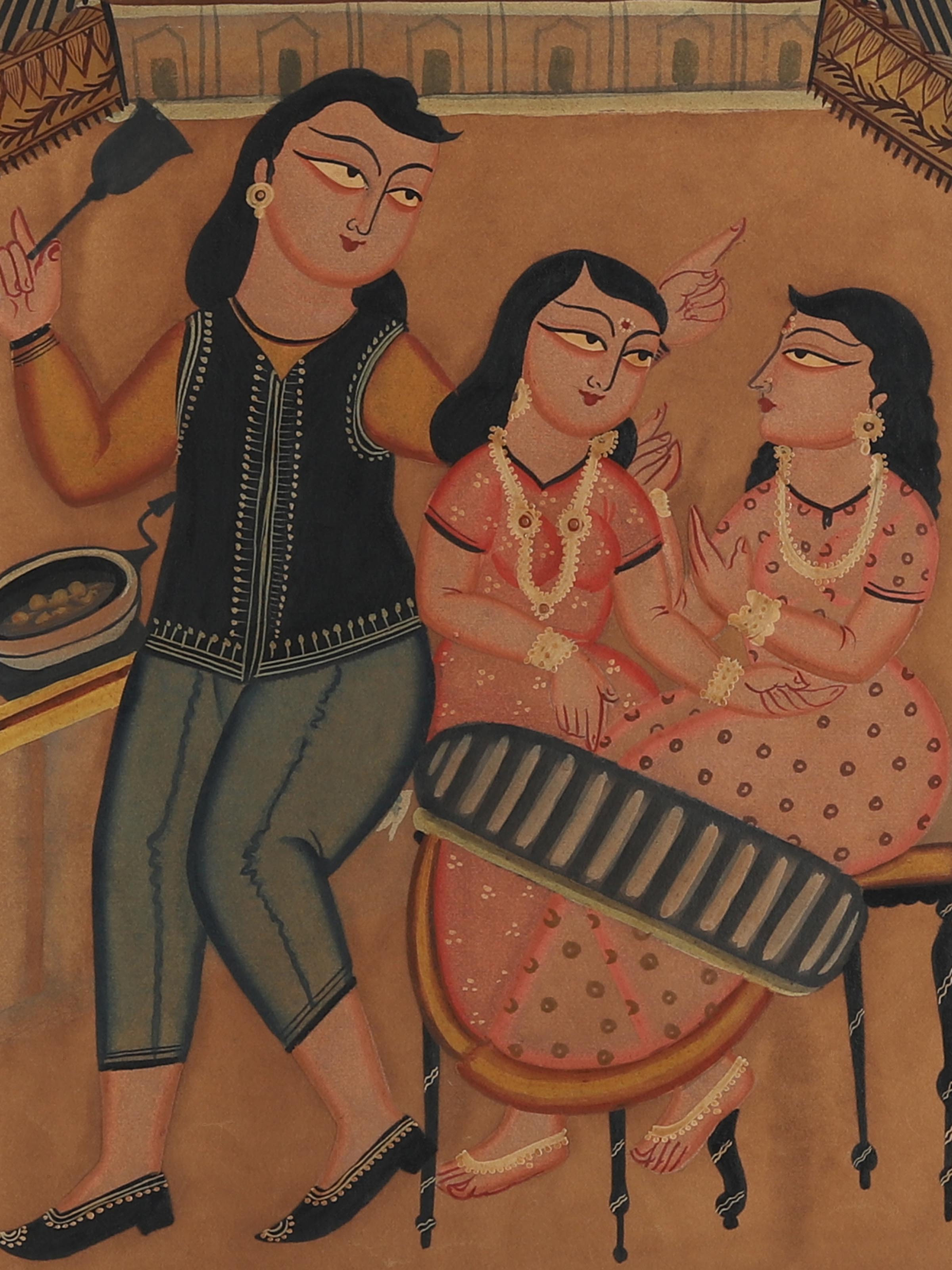 Detail close-up of Adda scene Kalighat painting highlighting brushwork and lines