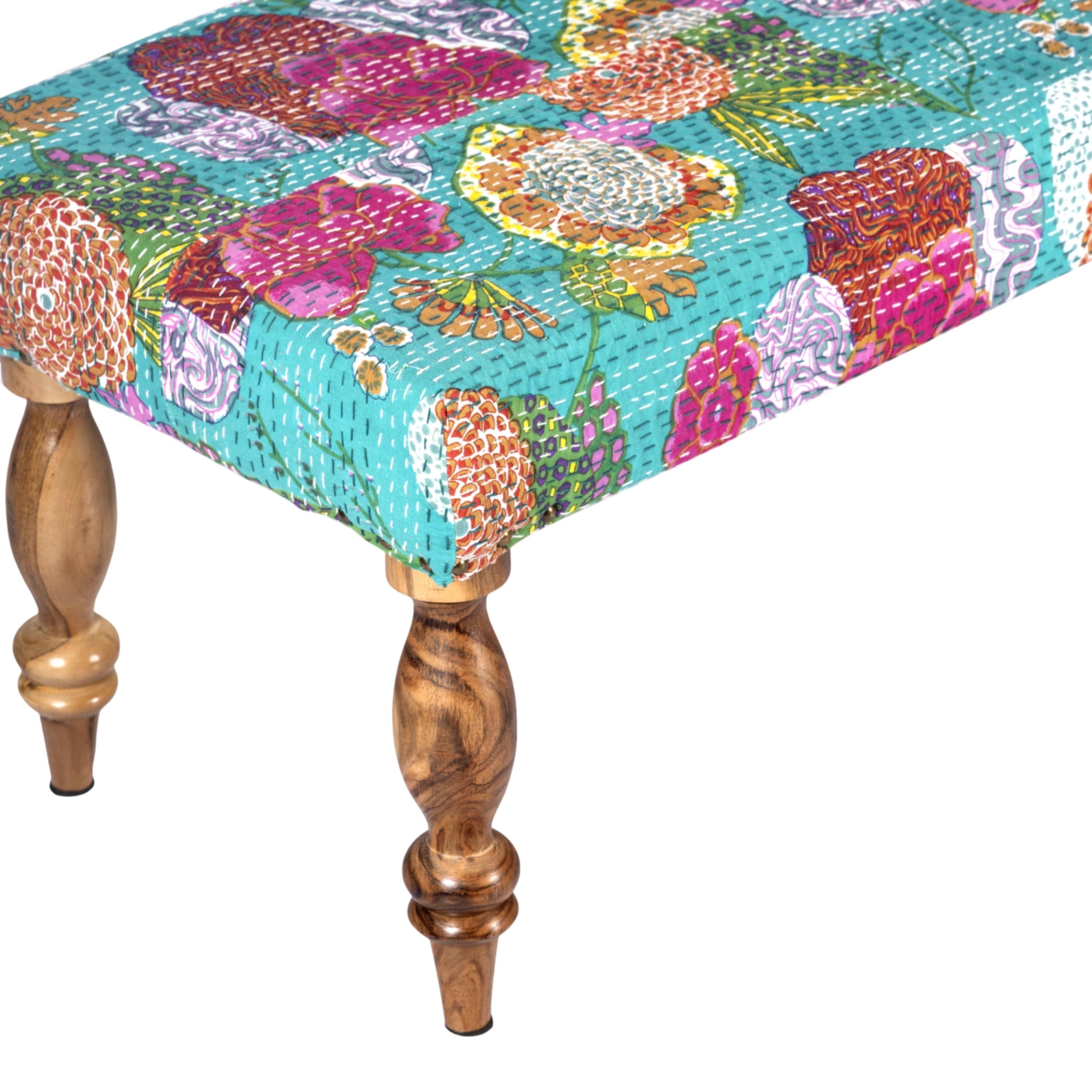 Cairo Sheesham Wood Mid Century Seater Bench Set With 2 Stools In Sea Green Fruit