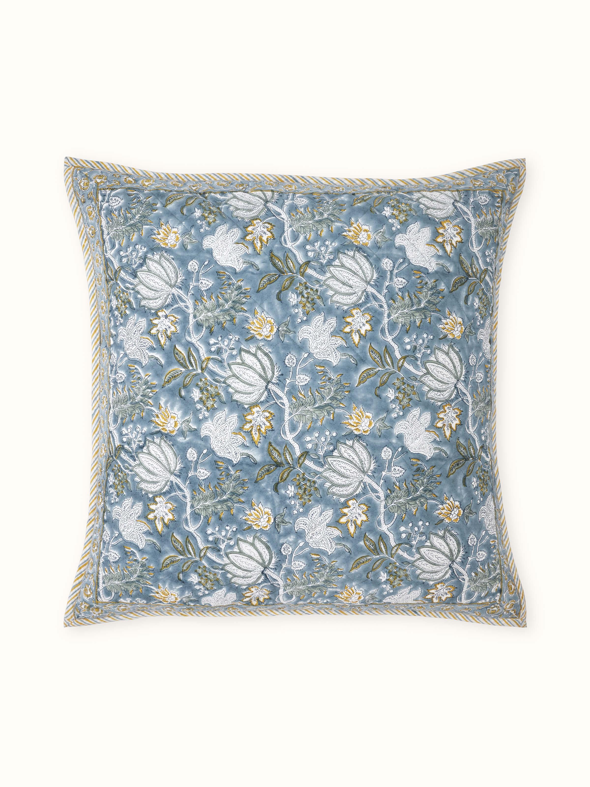 Kairavam Blue Floral Sanganeri Hand Block Print Cotton Euro Shams (2 Pcs)